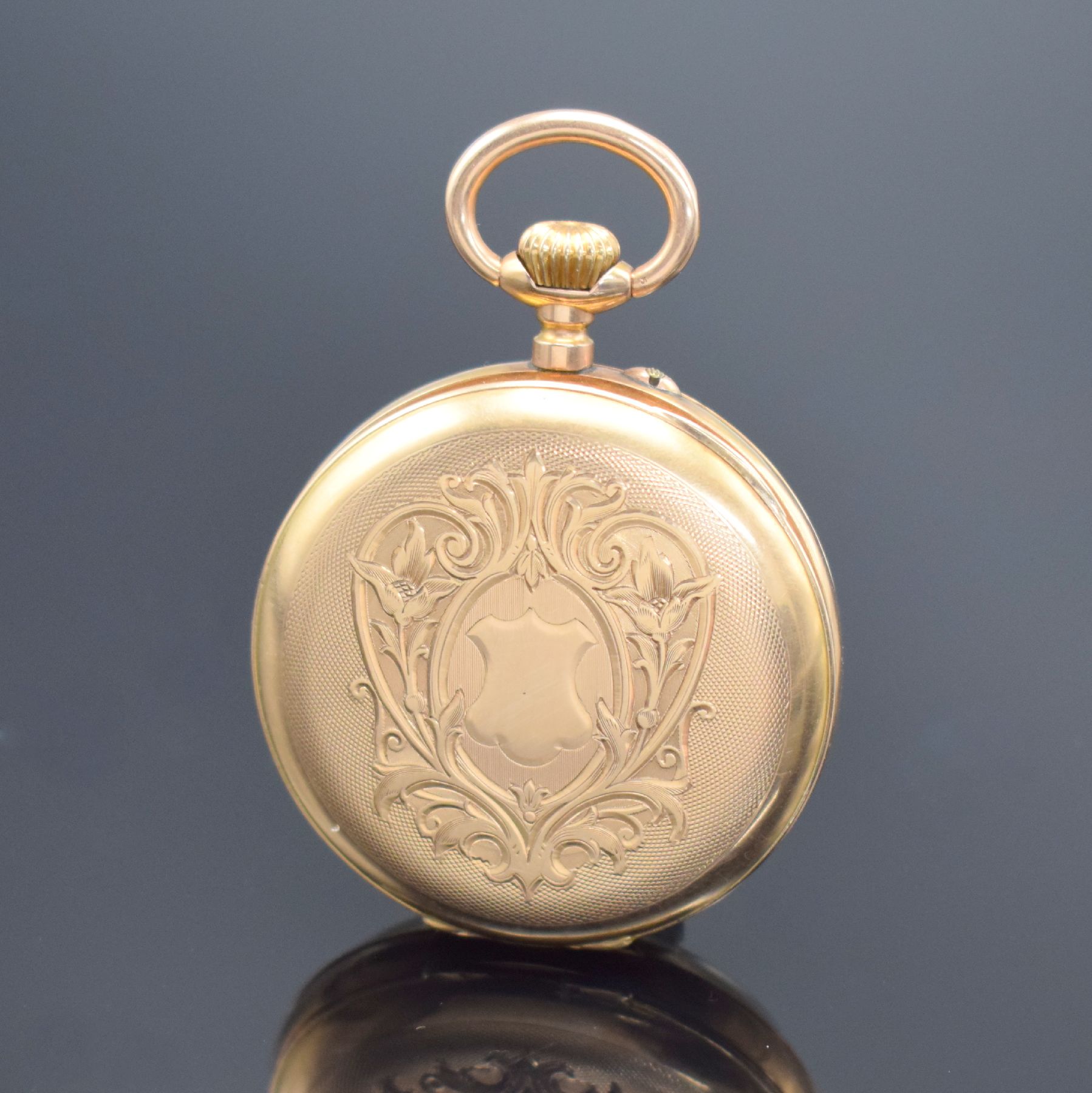 Detail a: MONOPOL DÜRRSTEIN offene Herrentaschenuhr in RG 585/000, Deutschland um 1900, rückseitig guill. & floral grav. Geh. dell., Metallcuvette, ...