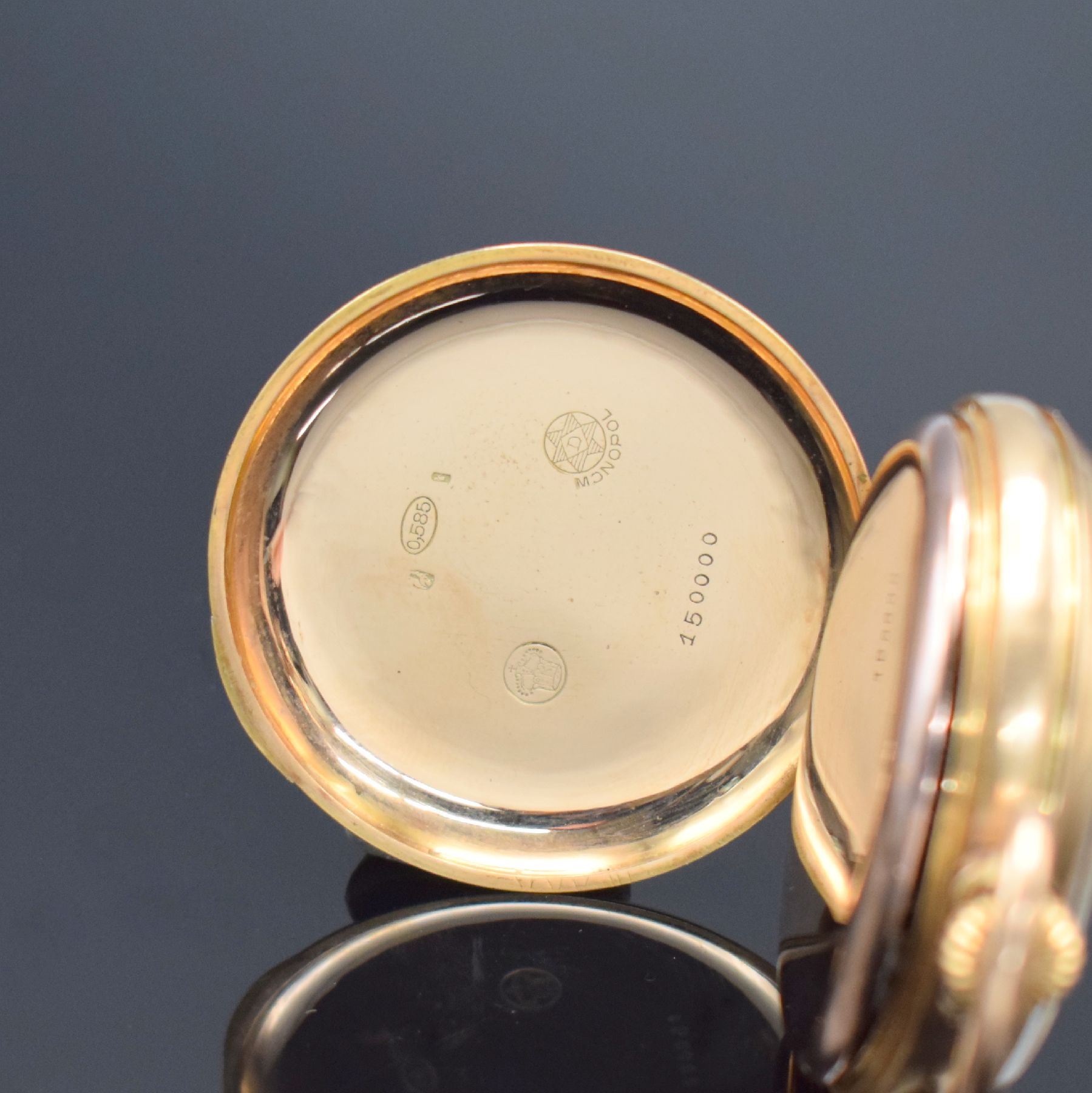 Detail b: MONOPOL DÜRRSTEIN offene Herrentaschenuhr in RG 585/000, Deutschland um 1900, rückseitig guill. & floral grav. Geh. dell., Metallcuvette, ...