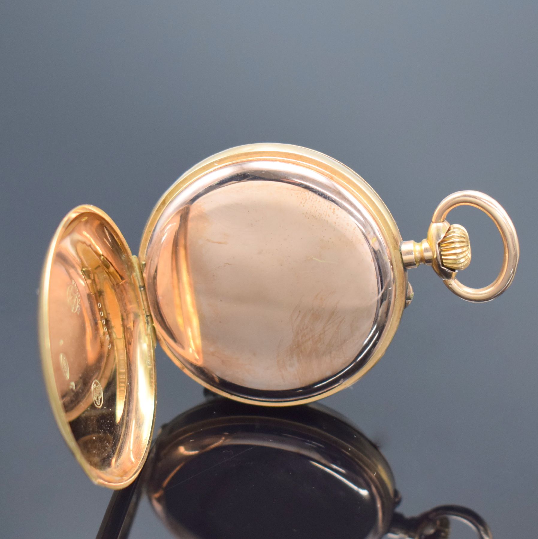 Detail c: MONOPOL DÜRRSTEIN offene Herrentaschenuhr in RG 585/000, Deutschland um 1900, rückseitig guill. & floral grav. Geh. dell., Metallcuvette, ...