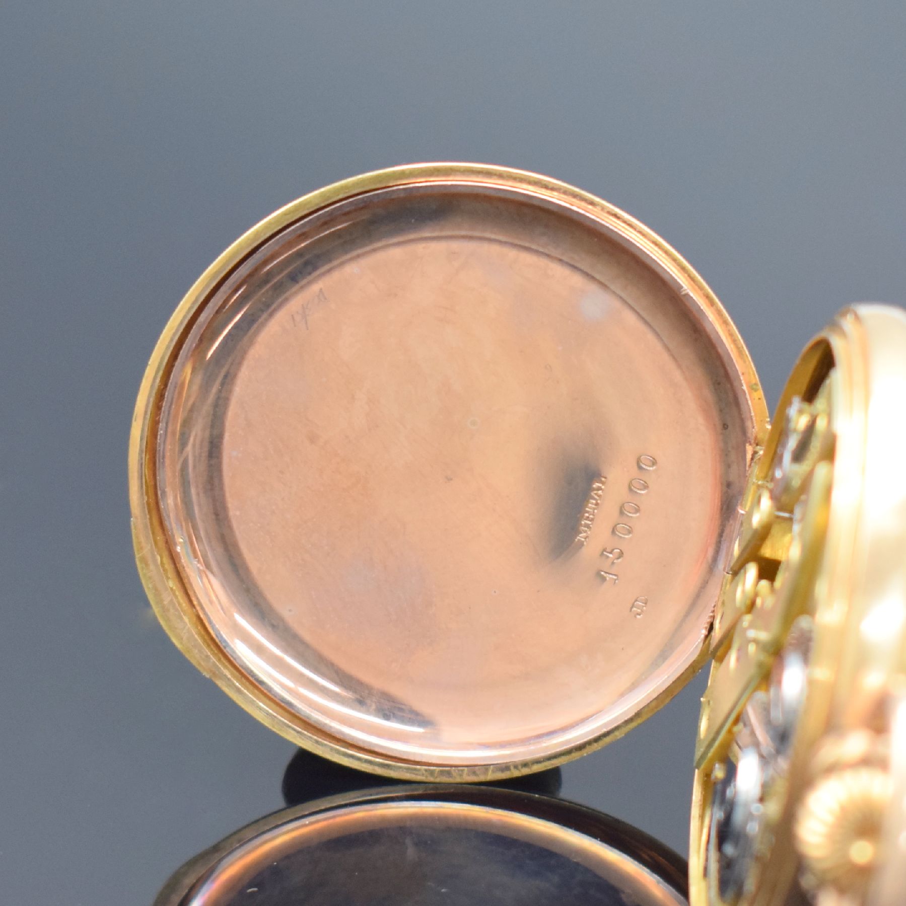 Detail d: MONOPOL DÜRRSTEIN offene Herrentaschenuhr in RG 585/000, Deutschland um 1900, rückseitig guill. & floral grav. Geh. dell., Metallcuvette, ...