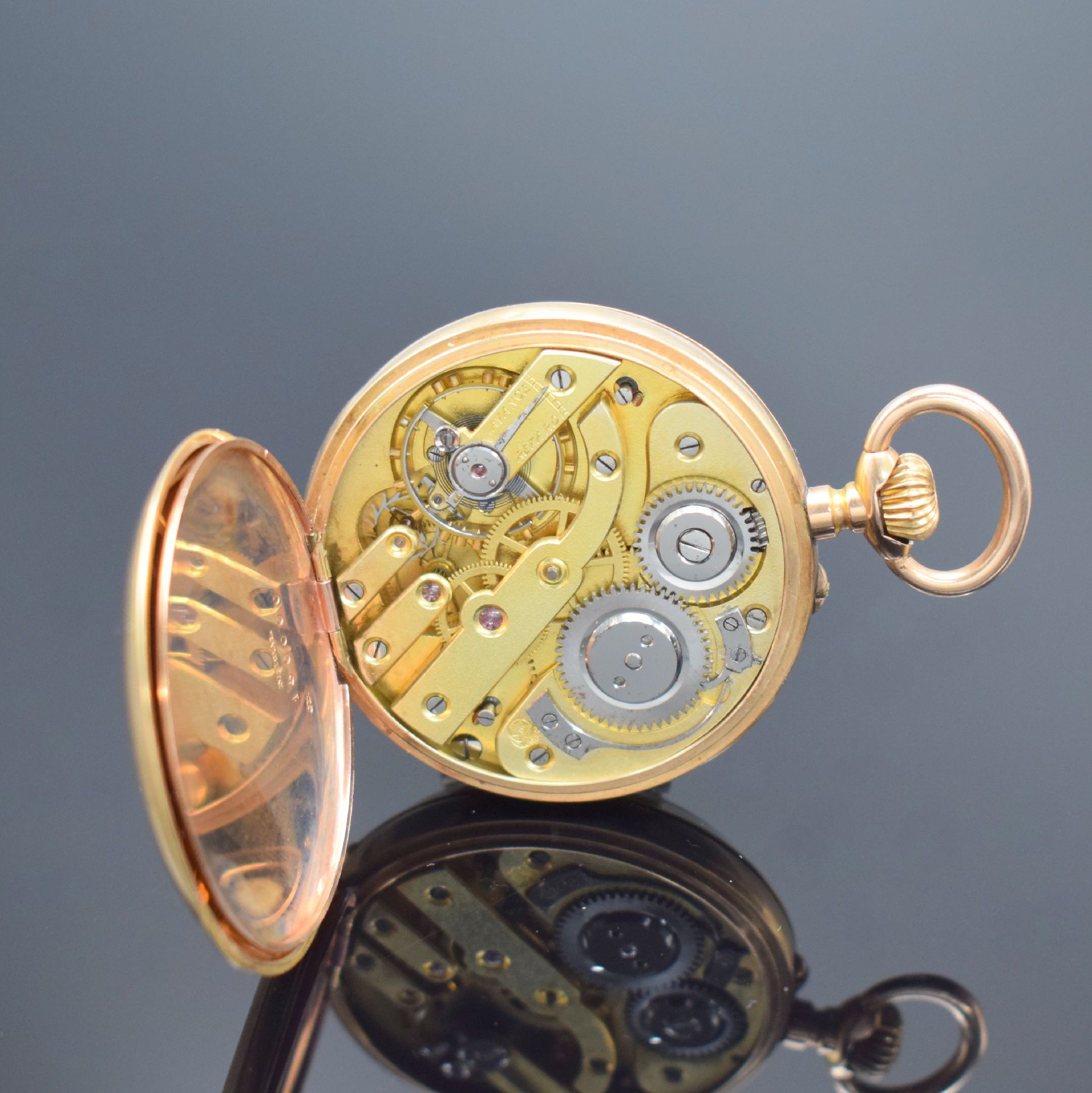 Detail e: MONOPOL DÜRRSTEIN offene Herrentaschenuhr in RG 585/000, Deutschland um 1900, rückseitig guill. & floral grav. Geh. dell., Metallcuvette, ...