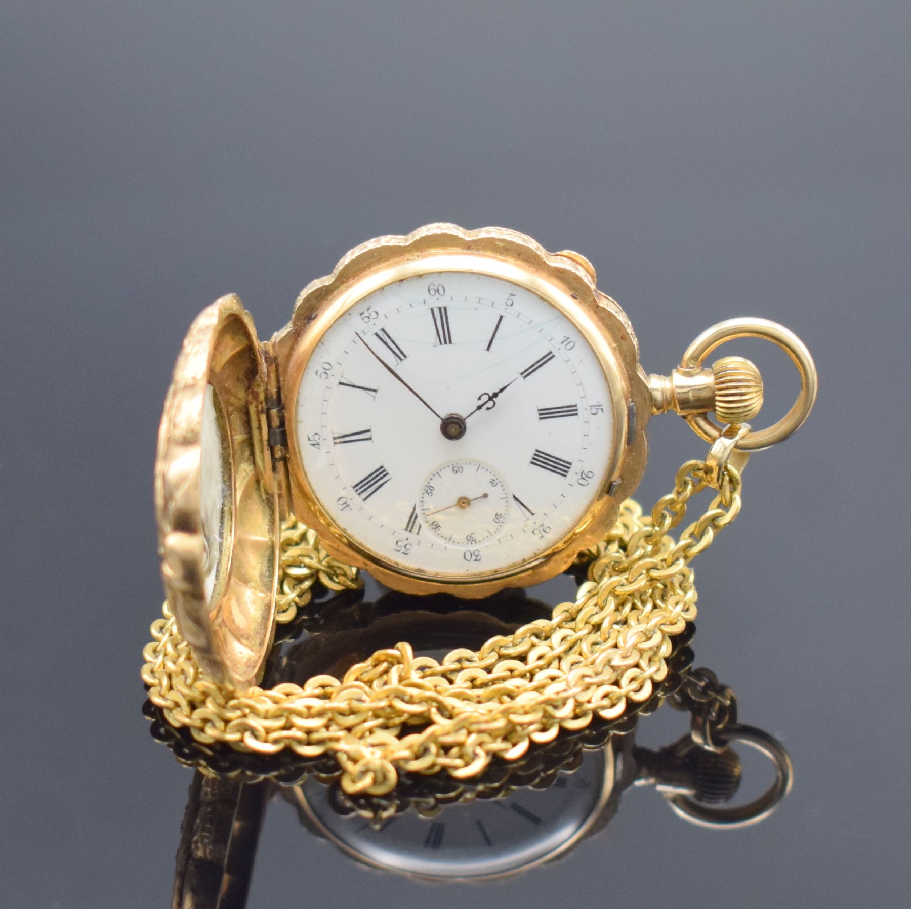 ALBERT GENEVE Savonette in RoseG 585/000, Schweiz um 1900, 3-Deckel Goldgeh. aufw. floral grav. & teils email., Sprungdeckel m. Diamanten & Perlen ...