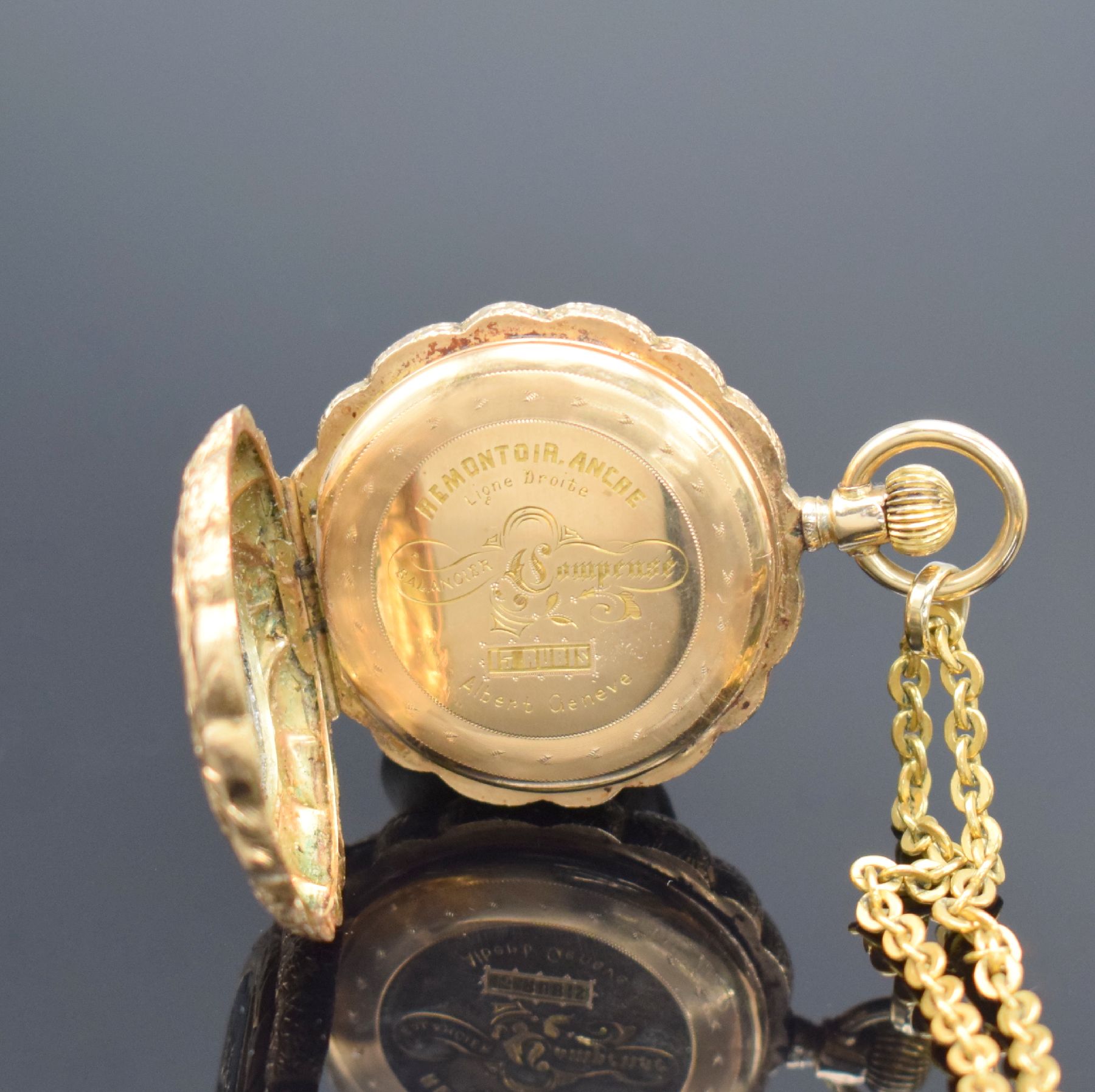 Detail e: ALBERT GENEVE Savonette in RoseG 585/000, Schweiz um 1900, 3-Deckel Goldgeh. aufw. floral grav. & teils email., Sprungdeckel m. Diamanten & Perlen ...