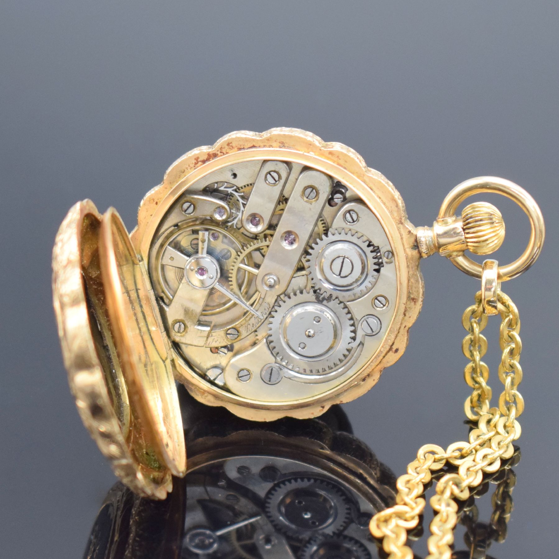 Detail g: ALBERT GENEVE Savonette in RoseG 585/000, Schweiz um 1900, 3-Deckel Goldgeh. aufw. floral grav. & teils email., Sprungdeckel m. Diamanten & Perlen ...
