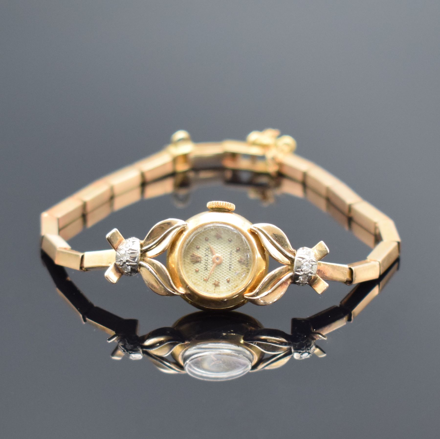 ROLEX Precision Damenarmbanduhr in RG 750/000, Schweiz um 1953, Handaufzug, Ref. 8460, 2- teil. Geh., Boden aufgedr., neutr. Gliederband in RG ...