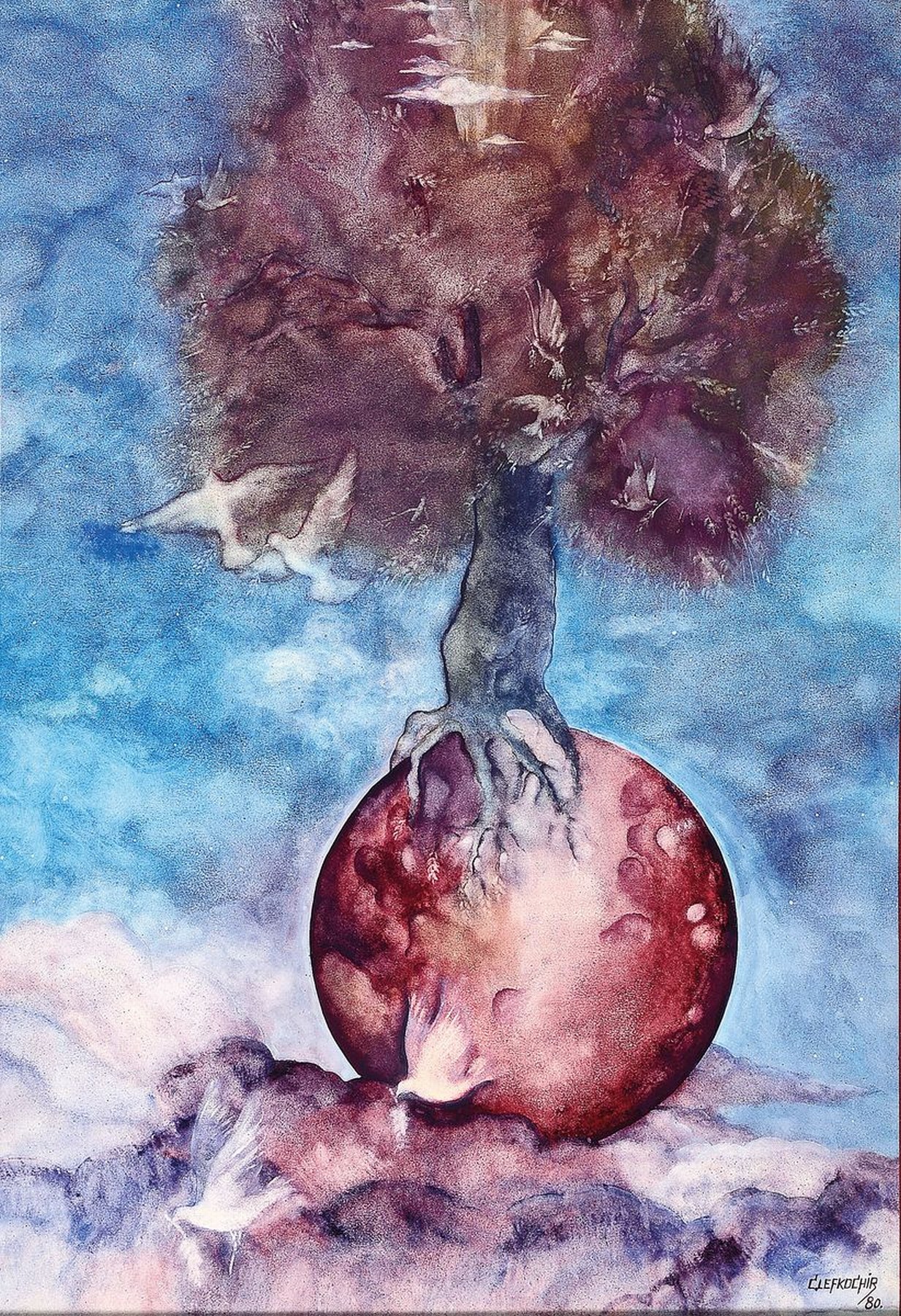 Costa Lefkochir, geb. 1952, zeitgen. griechischer Künstler, surrealistische Landschaft mit Baum und Friedenstauben, Mischtechnik mit Gouache auf ...