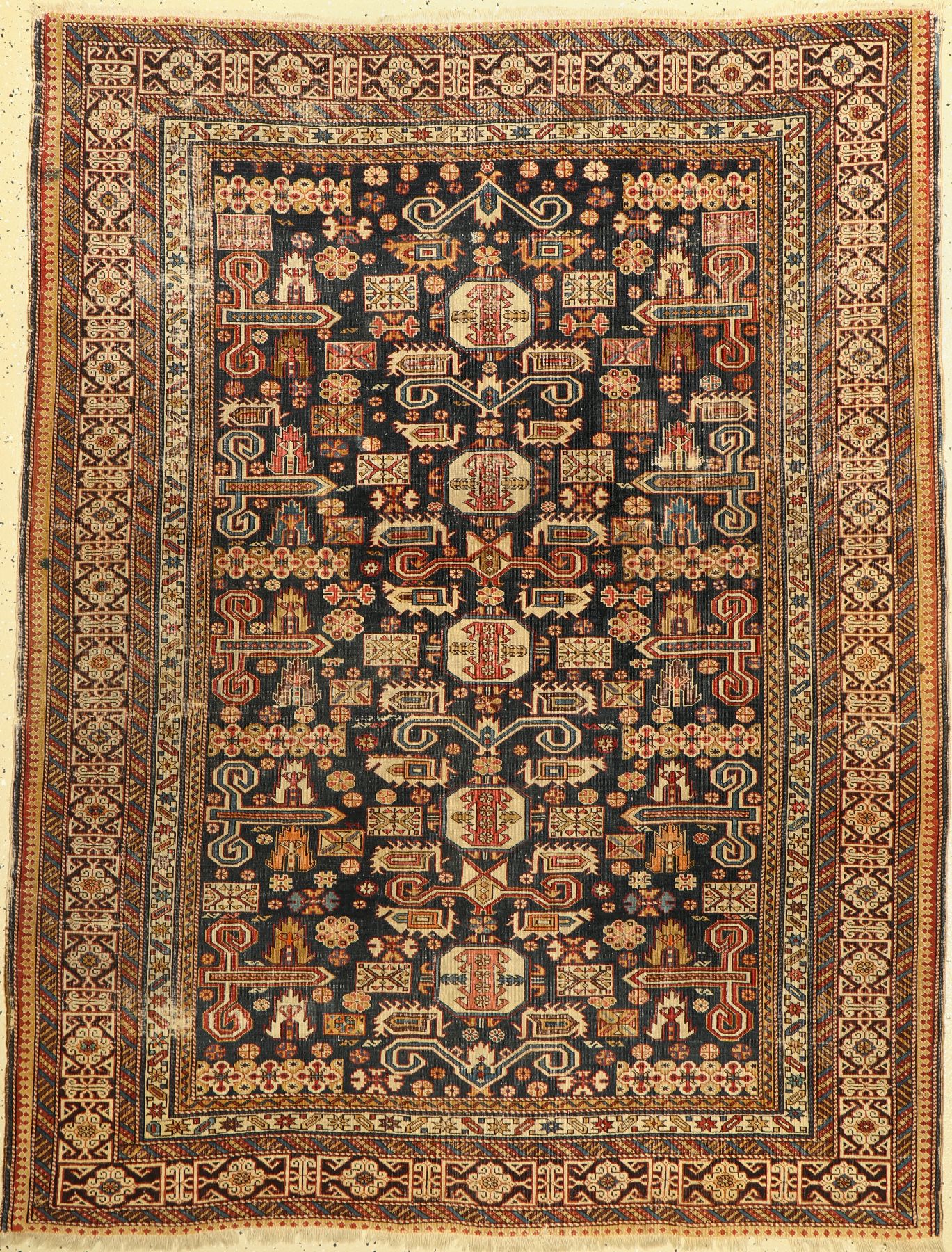 Blattgabel-Schirwan antik, Kaukasus, 19.Jhd, Wolle auf Wolle, ca. 184 x 142 cm, EHZ: 4