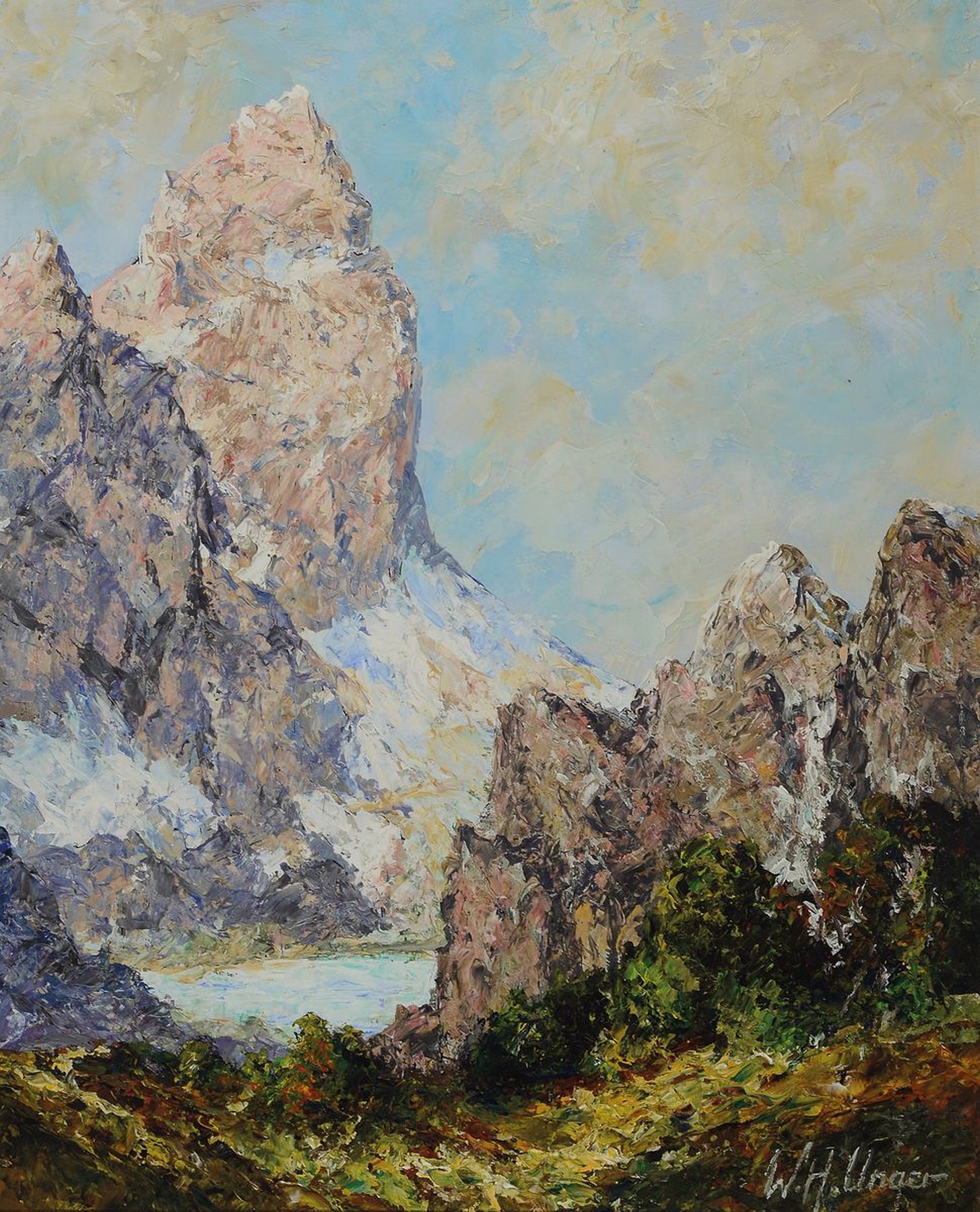 Wolfgang Heinz Unger, 1929 Halle/Saale-2019,Eiger im Berner Oberland, rückseitig so betitelt, Öl/Platte, rechts unten signiert, ca. 62x50cm, R. ca. ...
