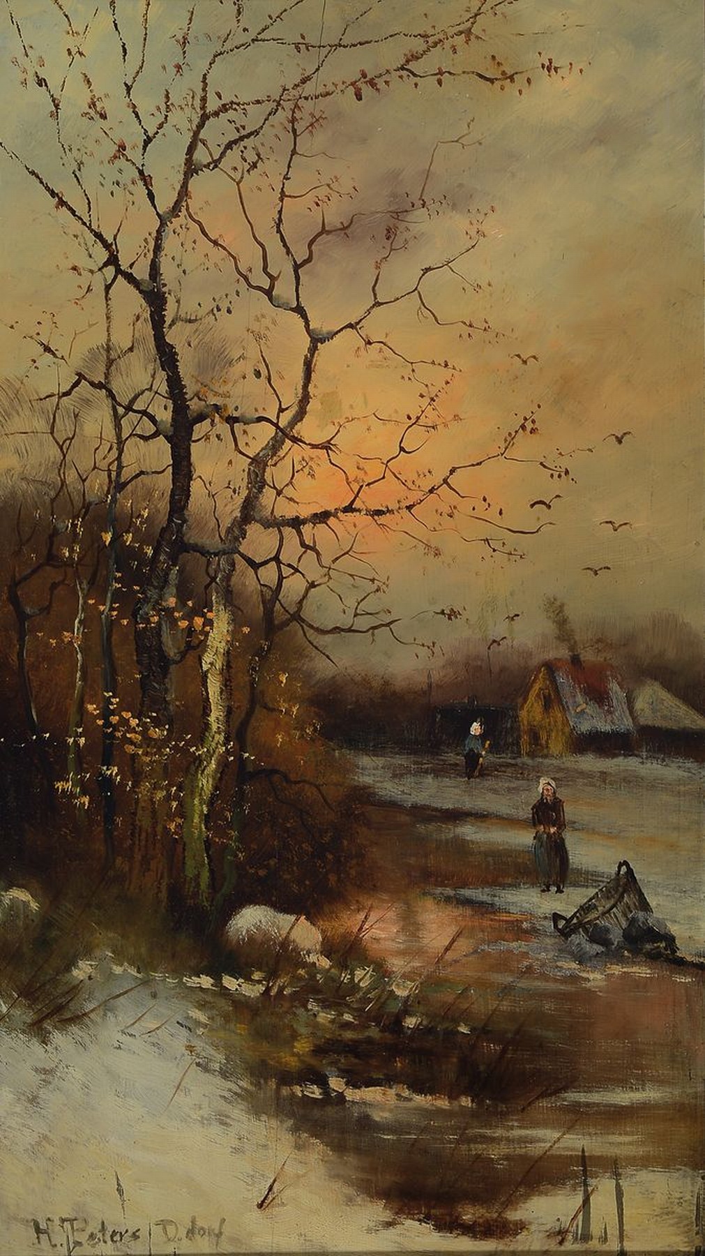 H. Peters, Maler der Düsseldorfer Schule, um 1900, Abendstimmung über verschneiter Landschaft, Öl/Holz, links unten sign., ca. 50x28cm, R. ca. ...