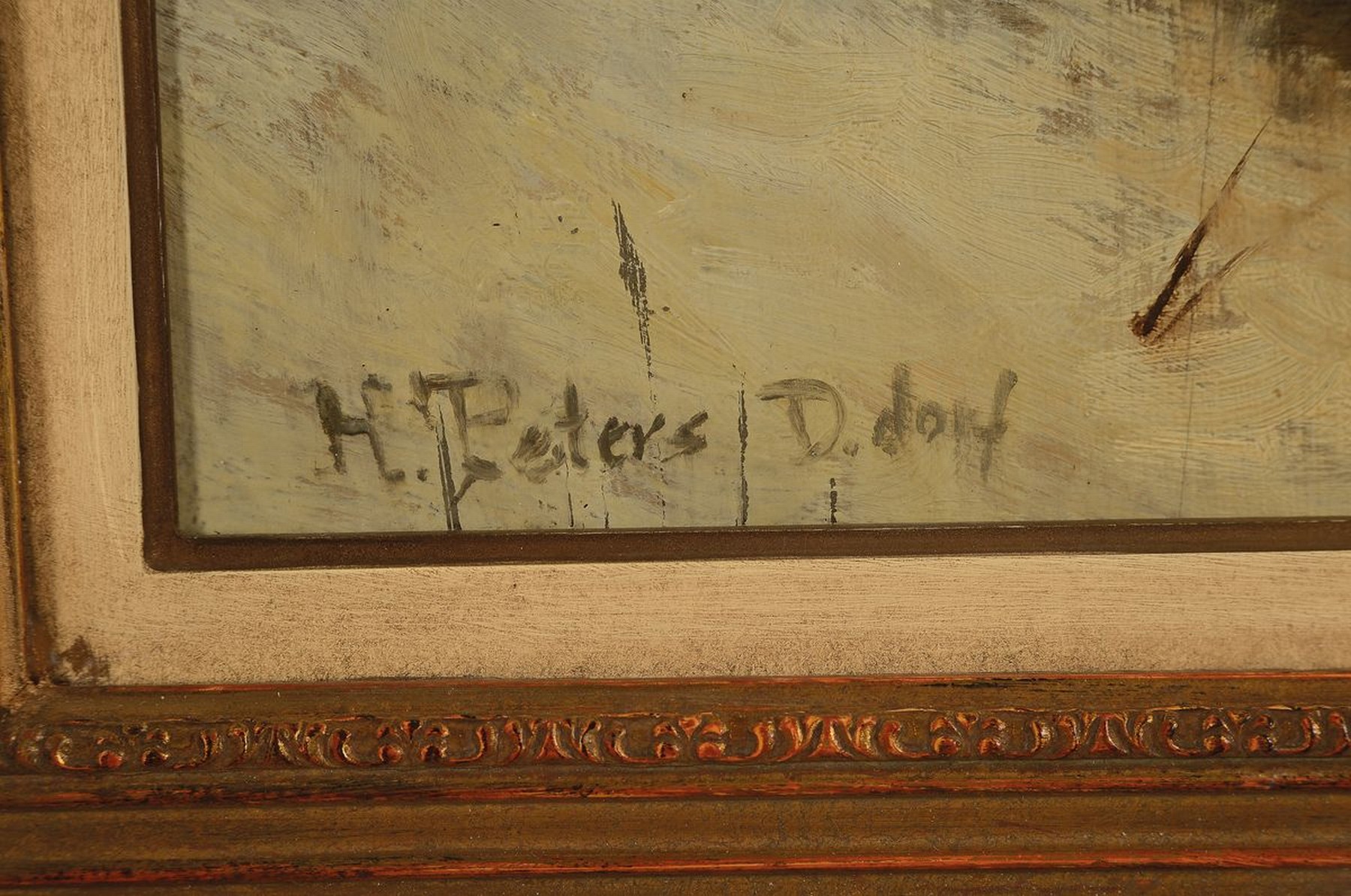 Detail a: H. Peters, Maler der Düsseldorfer Schule, um 1900, Abendstimmung über verschneiter Landschaft, Öl/Holz, links unten sign., ca. 50x28cm, R. ca. ...