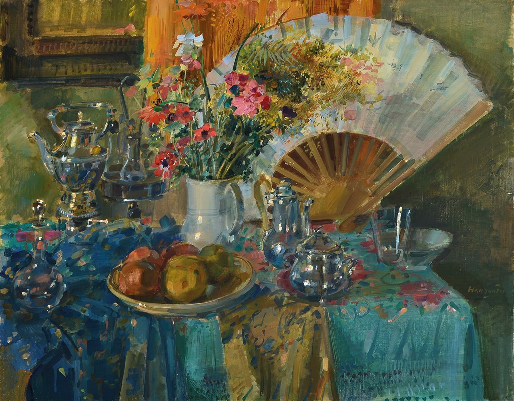 Julian Grau Santos, geb. 1937 Canfranc (Pyrenäen), Sohn der Künstler Emilio Grau und Angeles Santos, hier: Stillleben mit Blumen, Obst, Geschirr ...