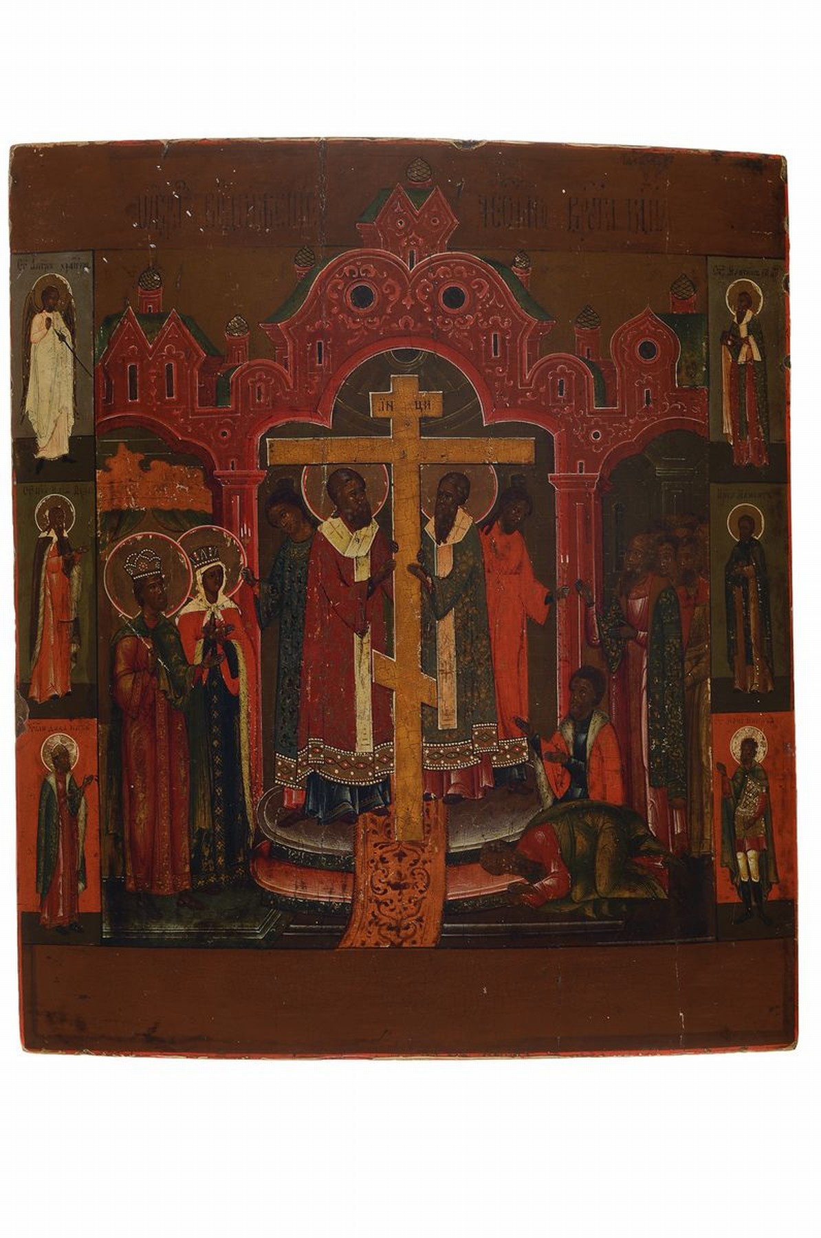 Festtags-Ikone, Russland, um 1860/70, Erhöhung des wahren Kreuzes, architektonische Gliederung, zwei Bischöfe halten das Kreuz, flankiert von ...