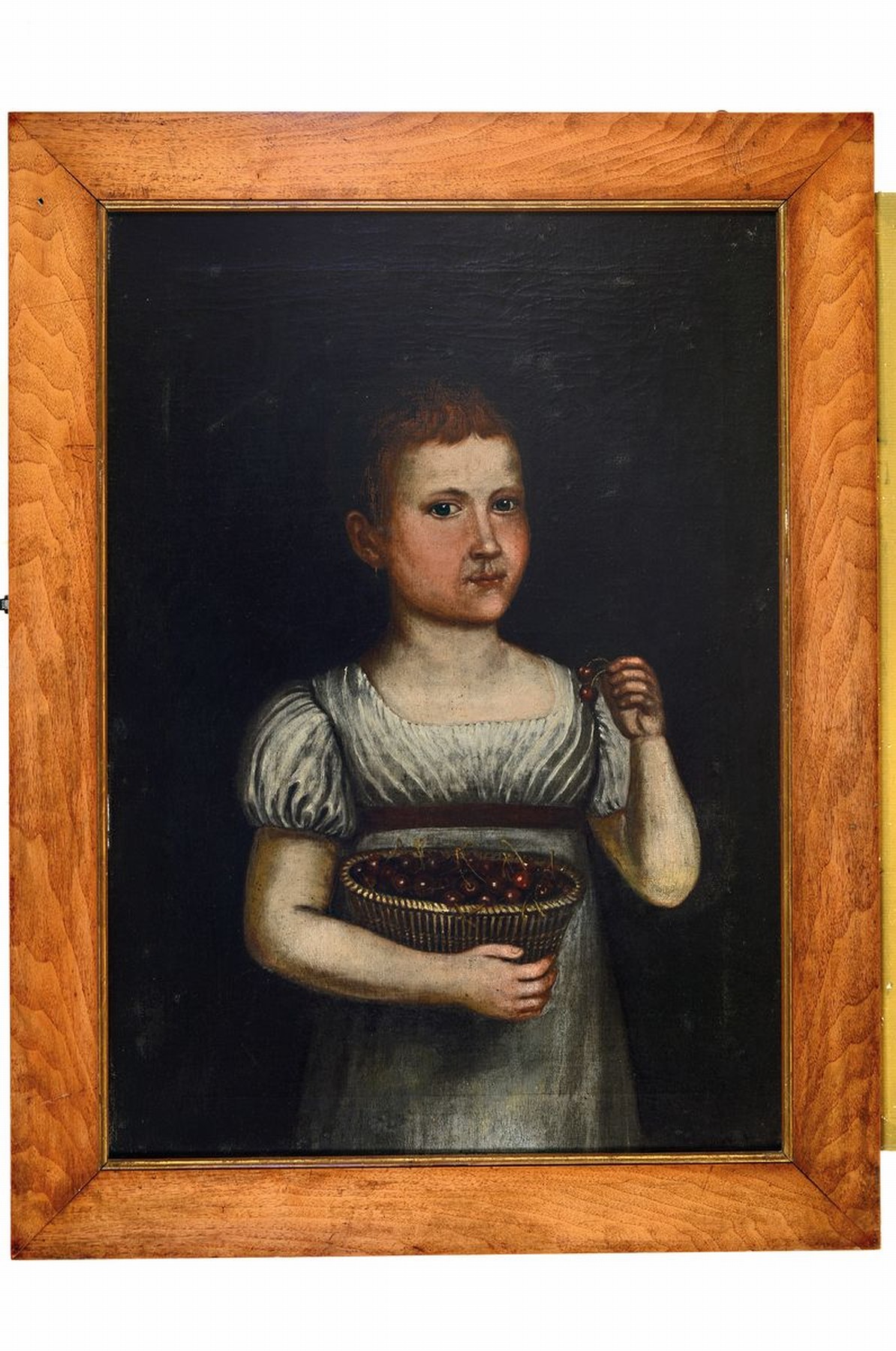 Detail k: Unbekannter Künstler des Biedermeier, deutsch, Mitte 19. Jh., Porträt eines Kindes mit einem Korb voller Kirschen, Öl/Lwd, rest., doubl., ca. ...