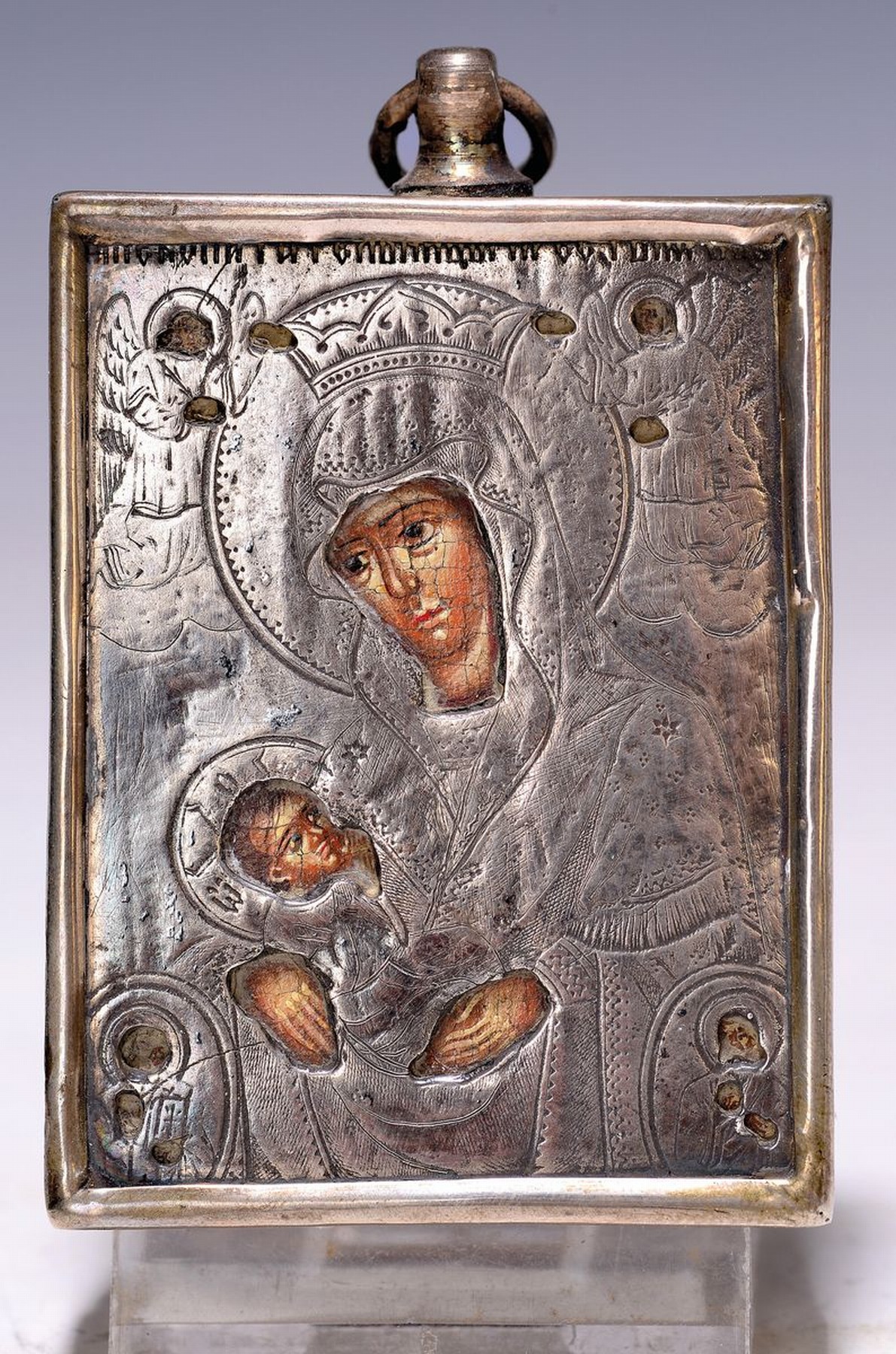Reiseikone, Russland, um 1890/1900, Mutter Gottes mit Kind,, Eitempera auf Holz, 84er Silberoklad, graviert, l. Altersschäden, ca. 6.5 x 5 cm