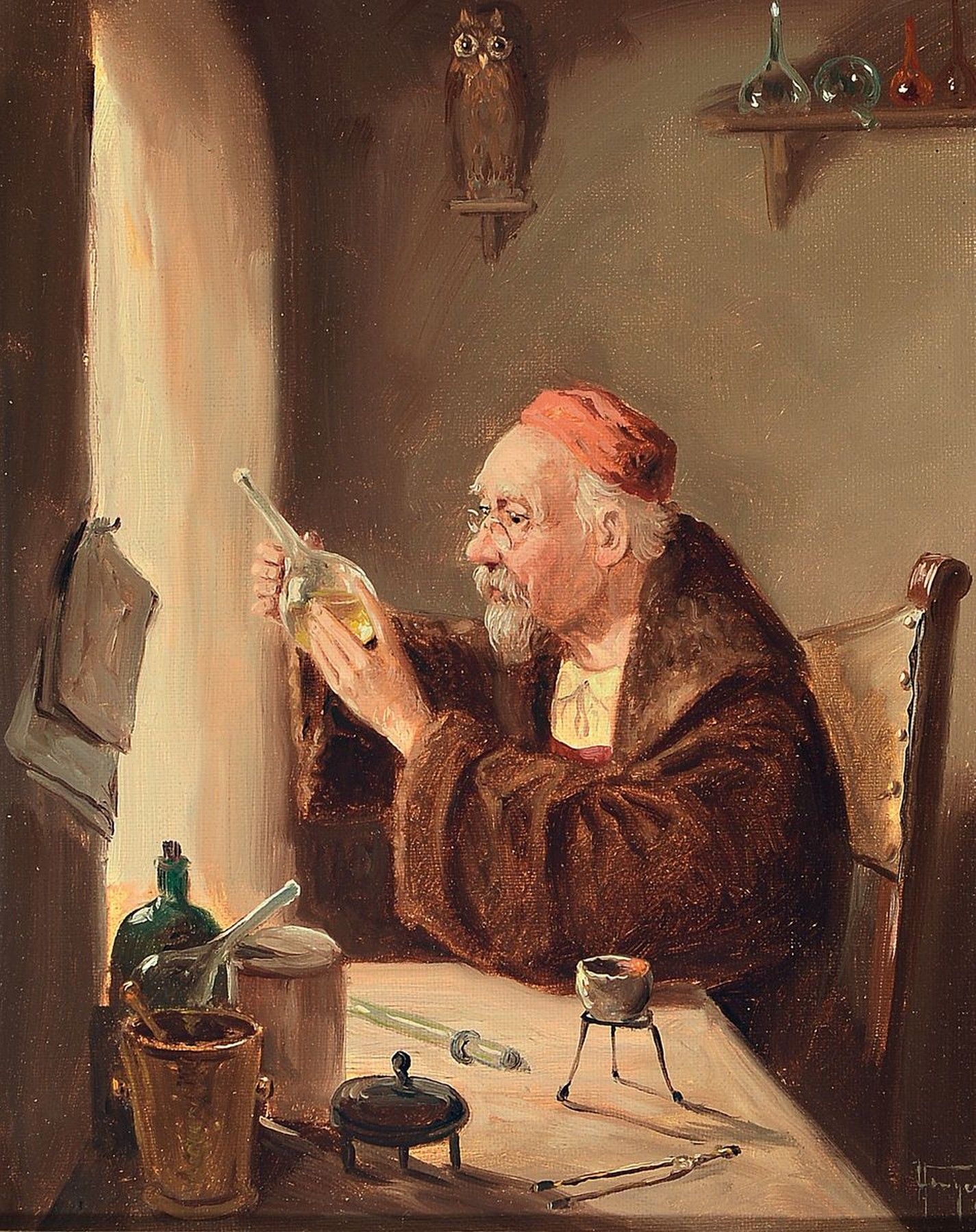 Hans Fenger, Hamburg 1900-1980, Der Alchimist, Öl/Lwd, rechts unten signiert, ca. 30x24cm, goldfarbener Barockstilrahmen ca.45x40cm
