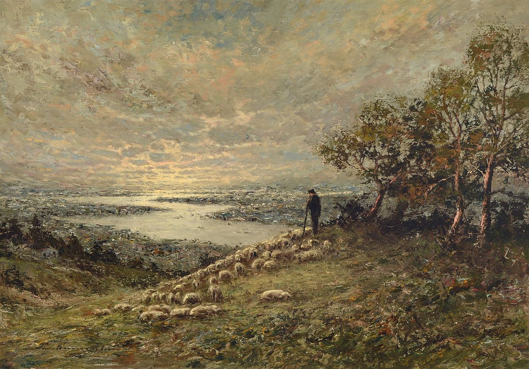 Unleserlich signiert, deutsch, 1. Hälfte 20. Jh., Schäfer mit seiner Herde in wohl niederrheinischen Landschaft, Abendstimmung, feine ...