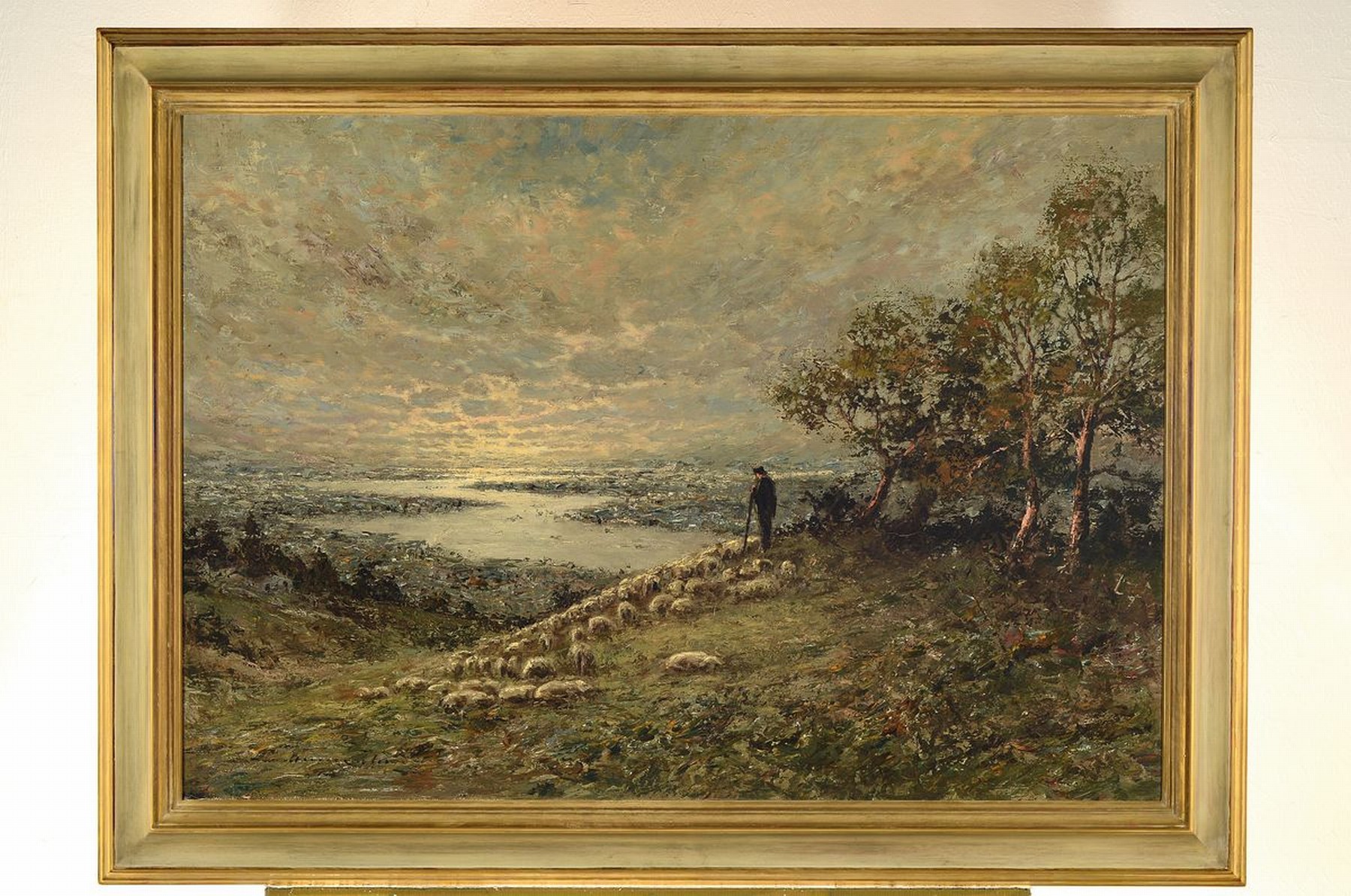 Detail k: Unleserlich signiert, deutsch, 1. Hälfte 20. Jh., Schäfer mit seiner Herde in wohl niederrheinischen Landschaft, Abendstimmung, feine ...
