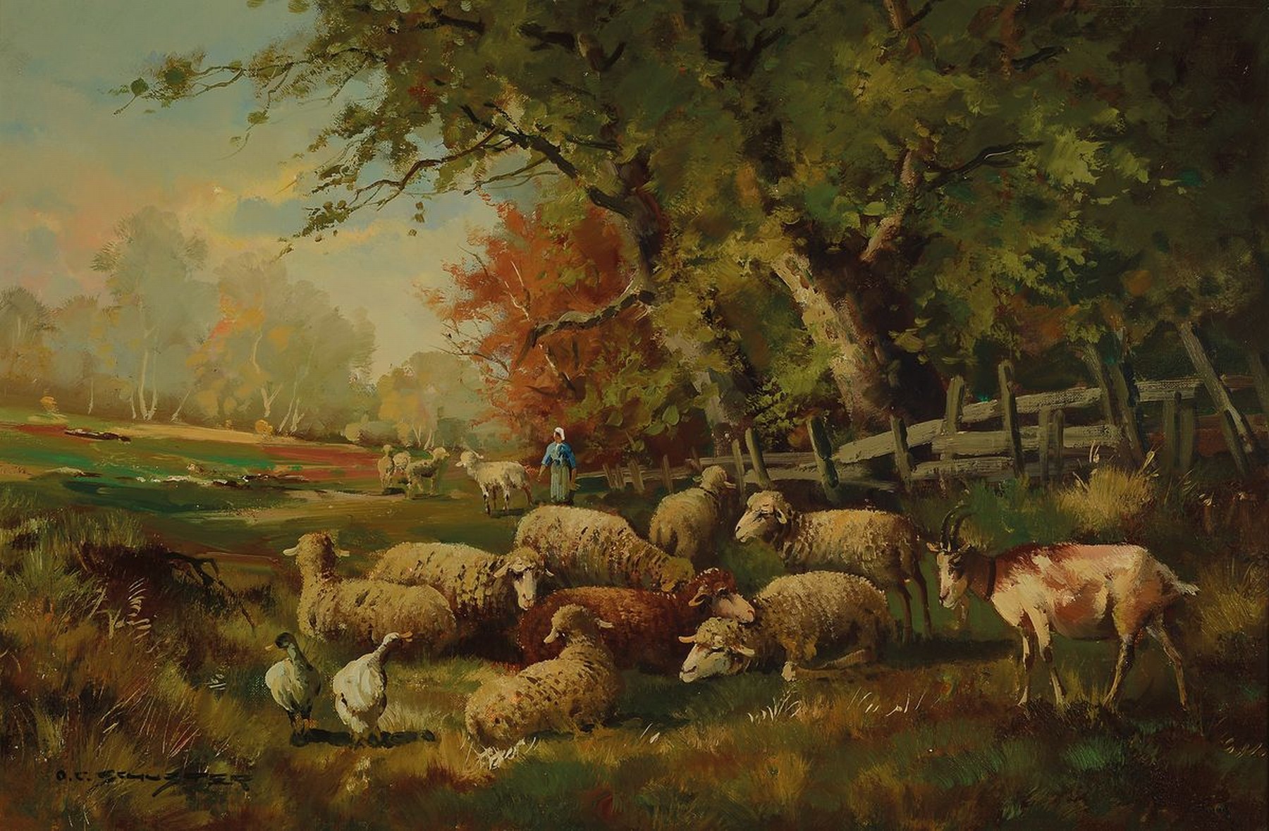 O.C. Schuster, Maler des 20. Jh., Schafe, Ziegen und Gänse auf einer Weide am Waldrand, Öl/Lwd, links unten sign., ca. 40x60cm, R. ca. 47x67cm