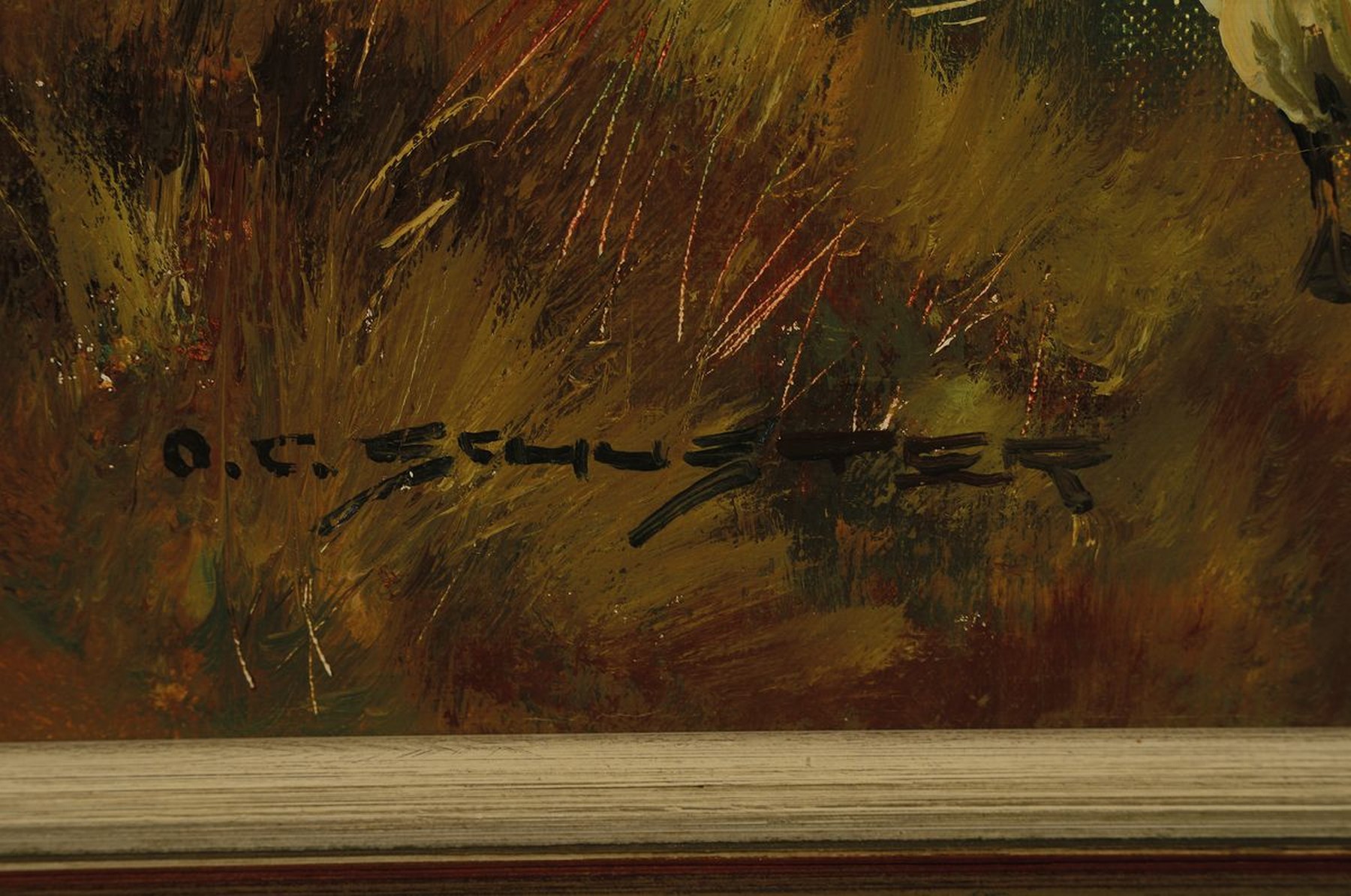 Detail a: O.C. Schuster, Maler des 20. Jh., Schafe, Ziegen und Gänse auf einer Weide am Waldrand, Öl/Lwd, links unten sign., ca. 40x60cm, R. ca. 47x67cm