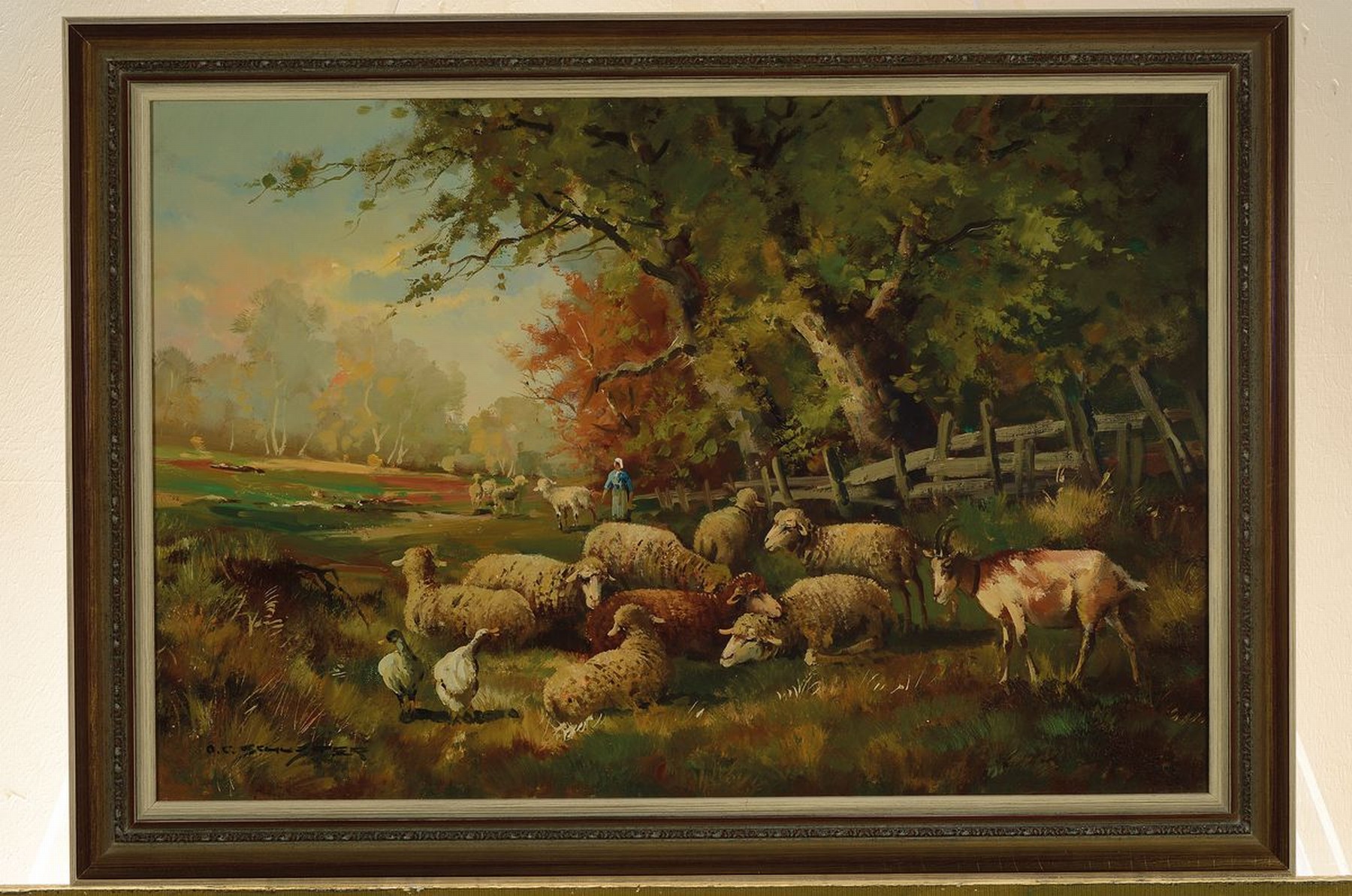 Detail k: O.C. Schuster, Maler des 20. Jh., Schafe, Ziegen und Gänse auf einer Weide am Waldrand, Öl/Lwd, links unten sign., ca. 40x60cm, R. ca. 47x67cm