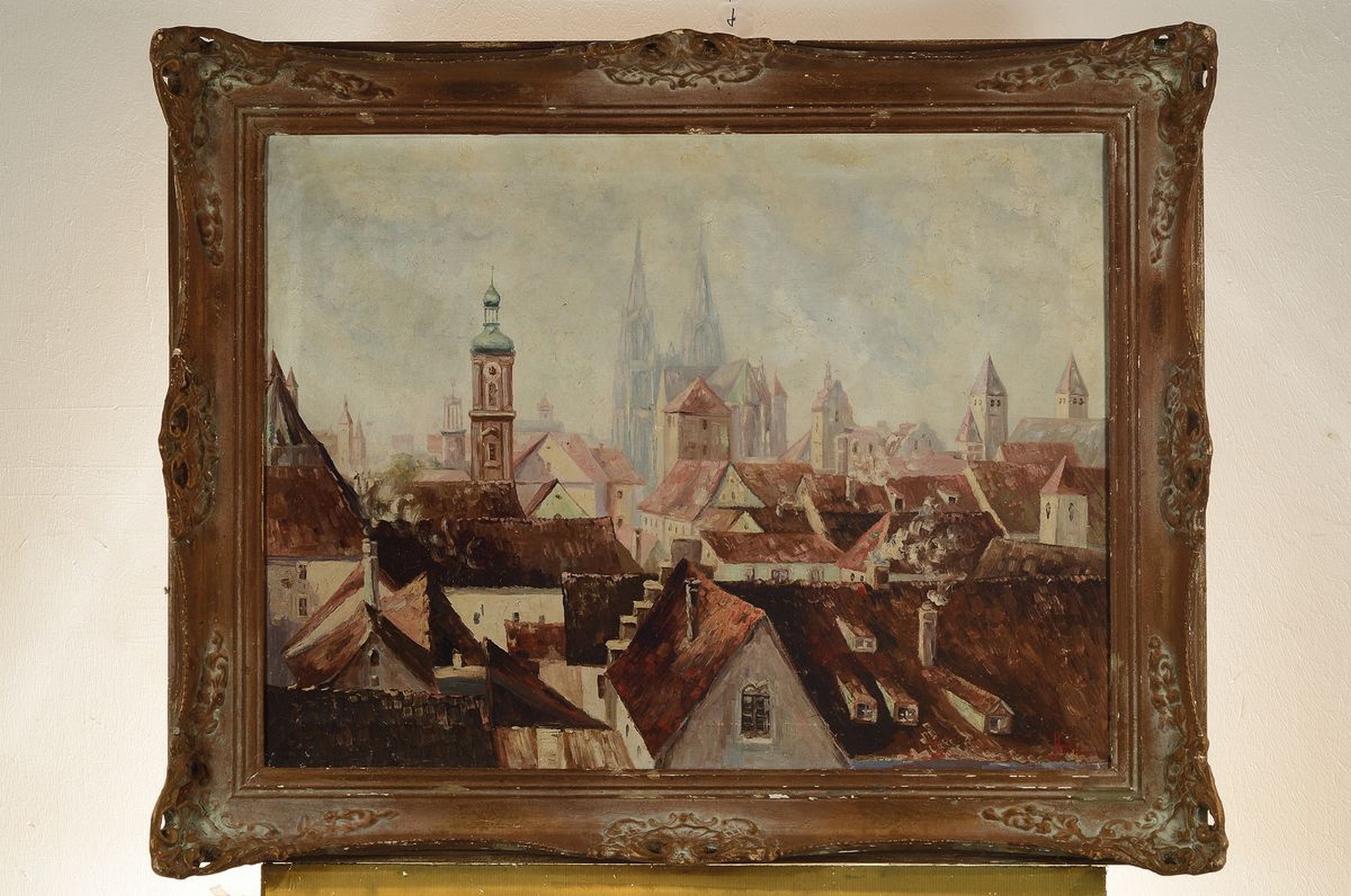 Detail k: Carl Horn, 1874 Kassel-1945 München, Studium an der Akademie München, hier: Blick über die Dächer auf Regensburg, Öl/Lwd, rechts unten signiert, ...