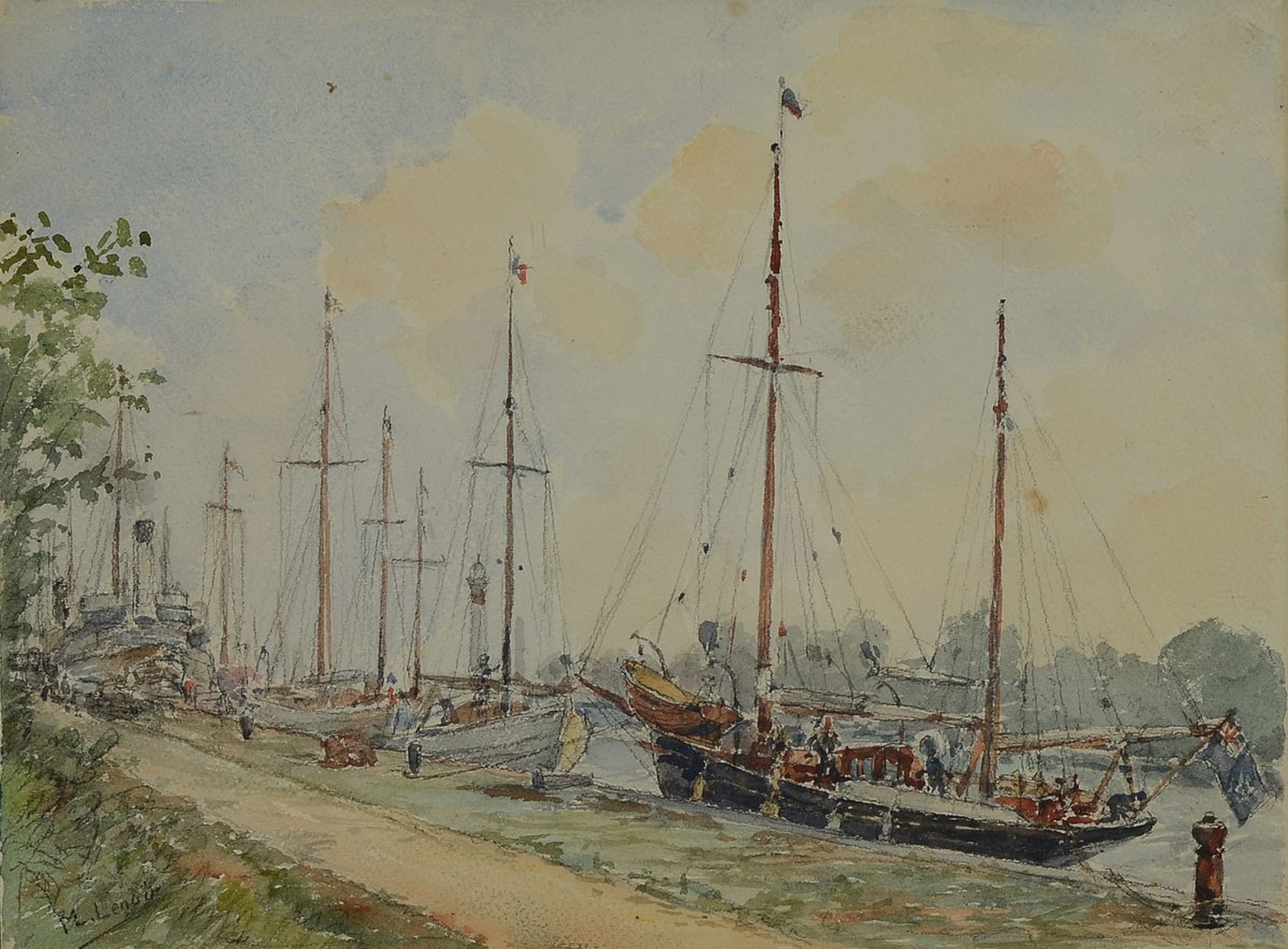 M. Lenoir, um 1900, Fischerboote am Flussufer, Aquarell auf Papier, links unten signiert, ca. 23x31cm, u.Gl., R. ca. 38x46cm