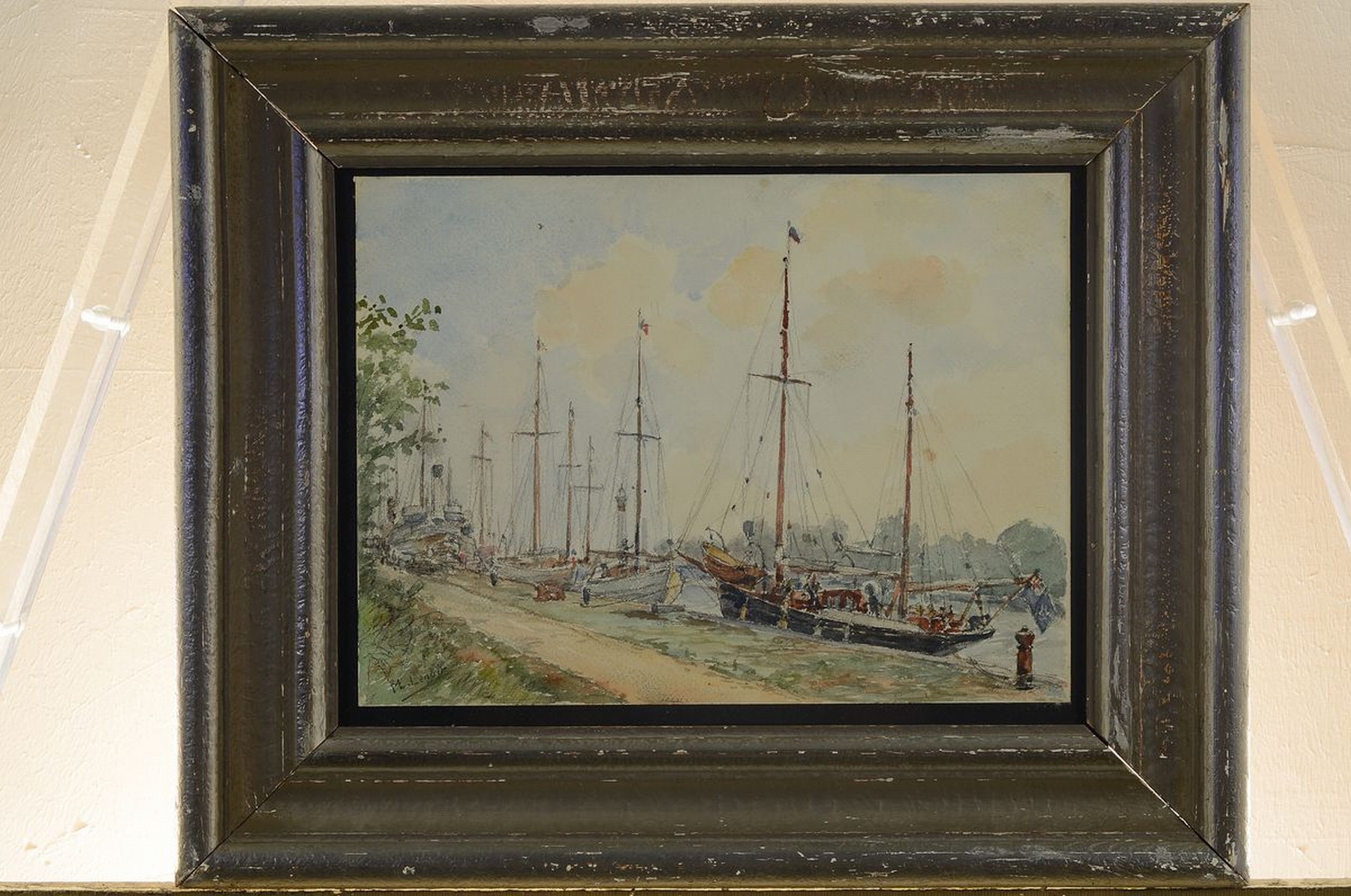 Detail k: M. Lenoir, um 1900, Fischerboote am Flussufer, Aquarell auf Papier, links unten signiert, ca. 23x31cm, u.Gl., R. ca. 38x46cm