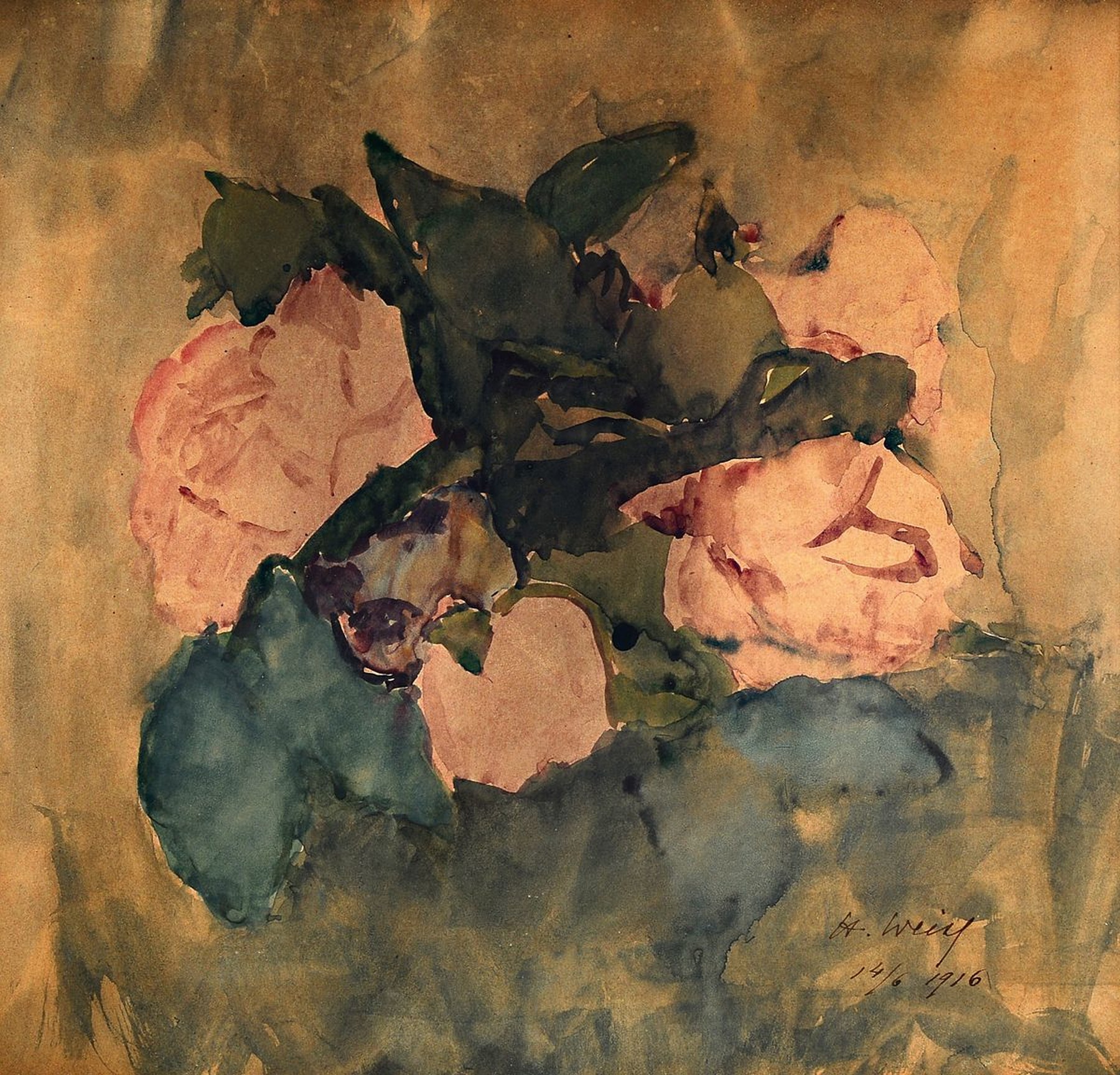 Hedwig Weiss, 1860-1923, Rosen, Aquarell auf Papier, rechst unten signiert und dat. 14/6/1916, ca. 24x24cm, u.Gl., R. ca. 31x31cm