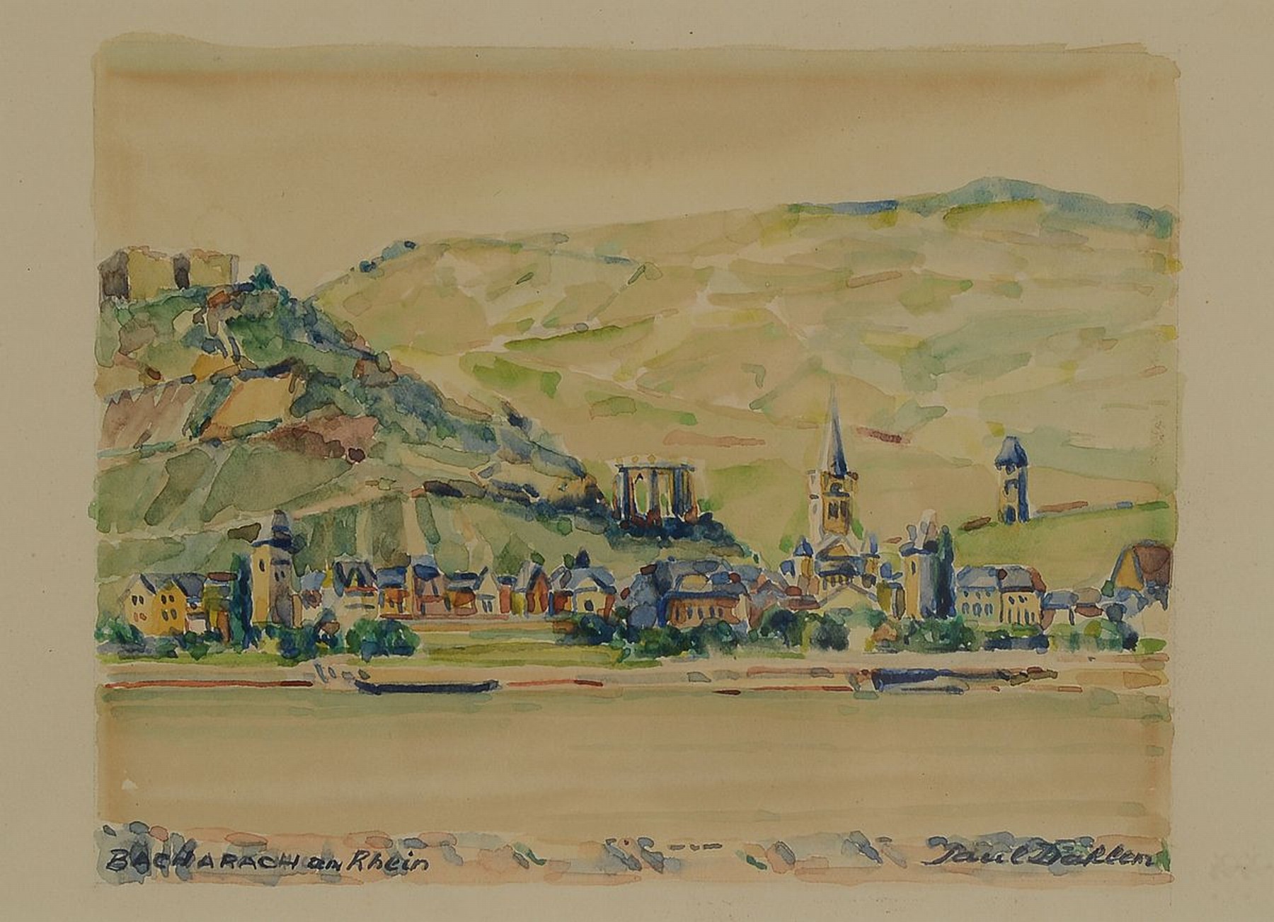 Paul Dahlen, 1881-1954, Blick auf Bacharach am Rhein, Aquarell auf Papier, sign., ca. 15x19cm, PP, u.Gl., R. ca. 30x36cm