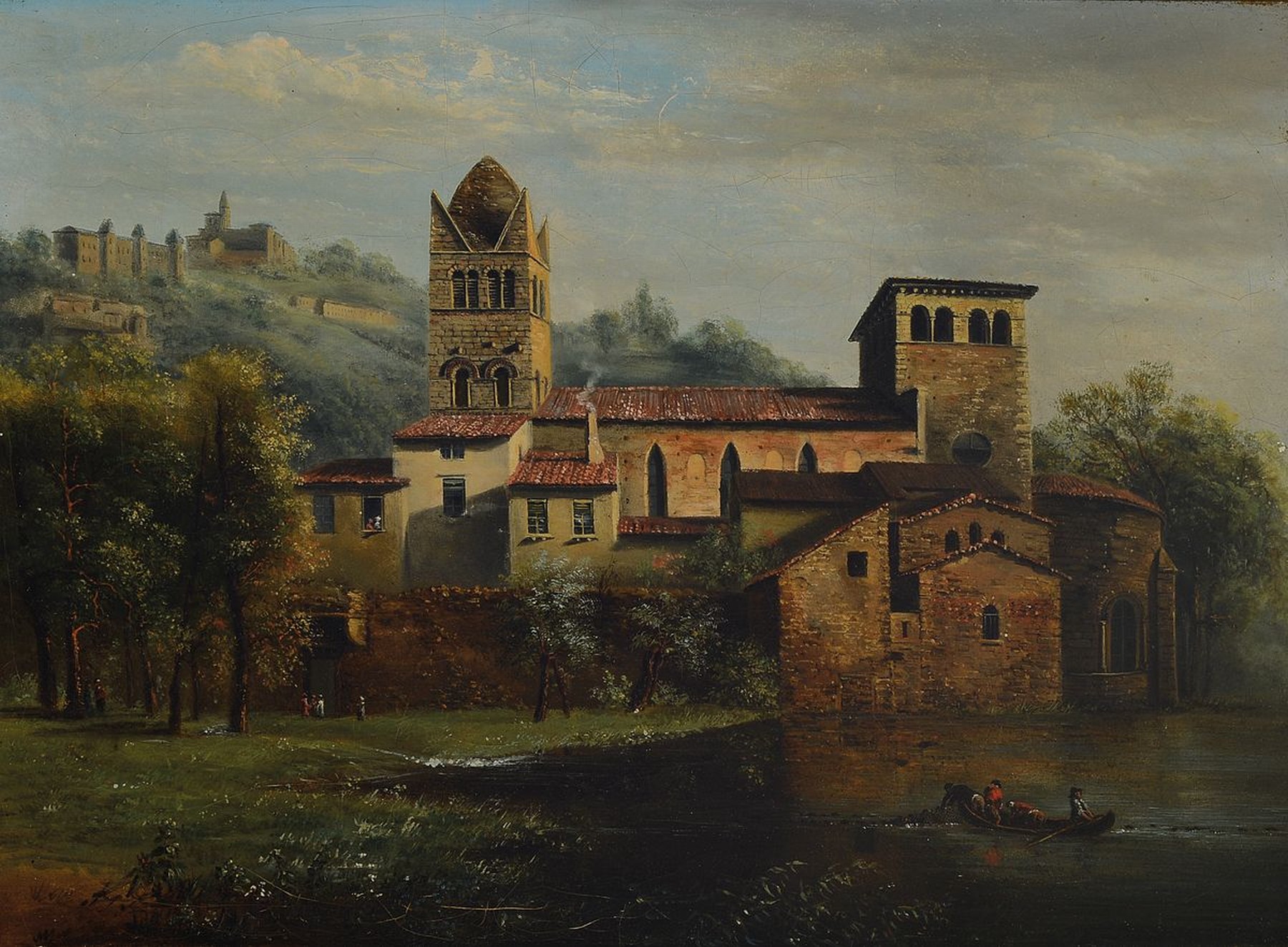 Unbekannter Künstler, Italien, 19. Jh., Blick auf eine Burganlage am Seeufer, Öl/Lwd, unsigniert, altersbedingt krakeliert, ca. 25x35cm, R. ca. ...