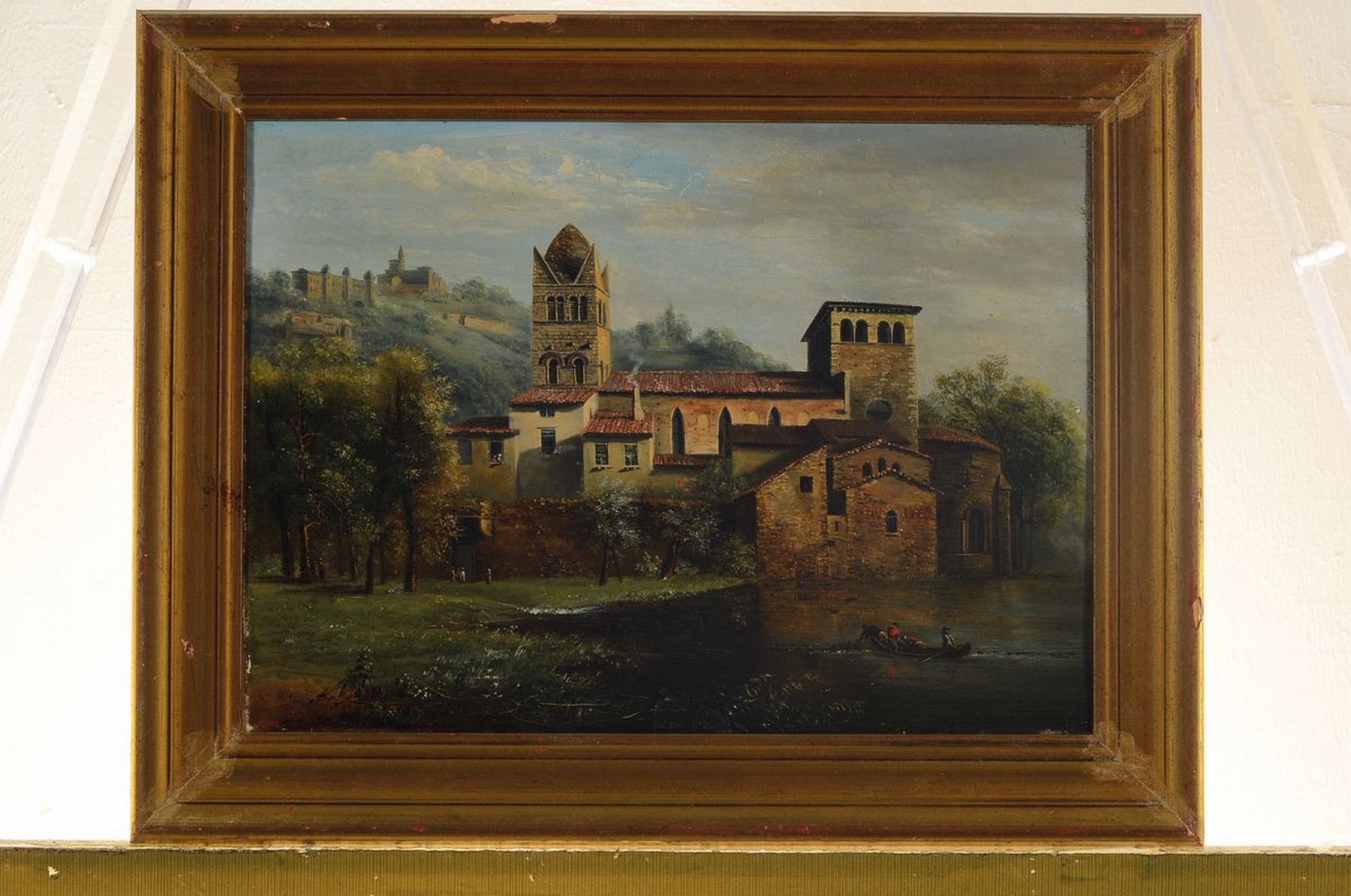 Detail k: Unbekannter Künstler, Italien, 19. Jh., Blick auf eine Burganlage am Seeufer, Öl/Lwd, unsigniert, altersbedingt krakeliert, ca. 25x35cm, R. ca. ...