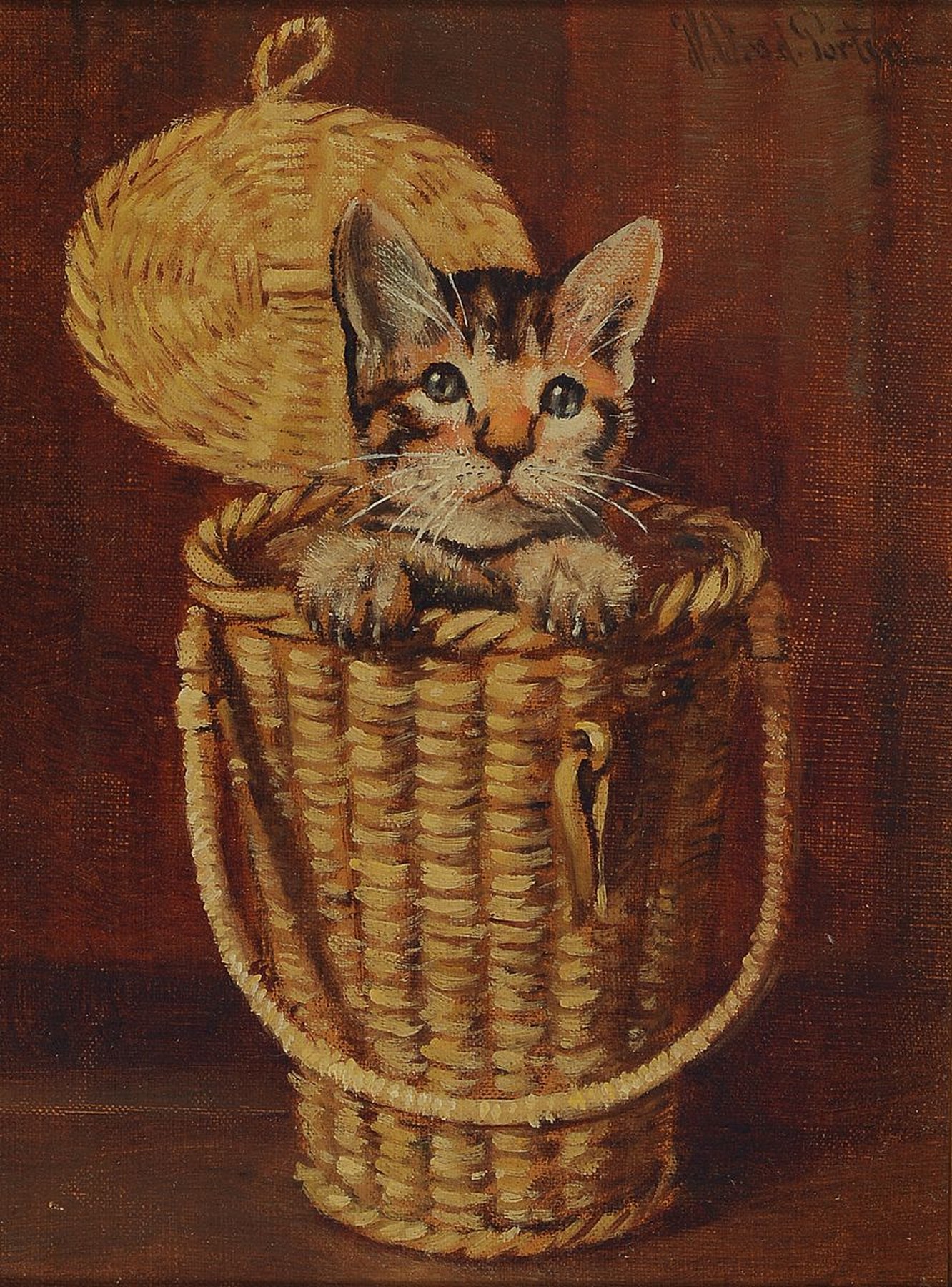 Heinz Werner van der Porten, geb. 1930, Kätzchen im Korb, Öl/Lwd, rechts oben sign., ca. 24x18cm, R. ca. 35x29cm