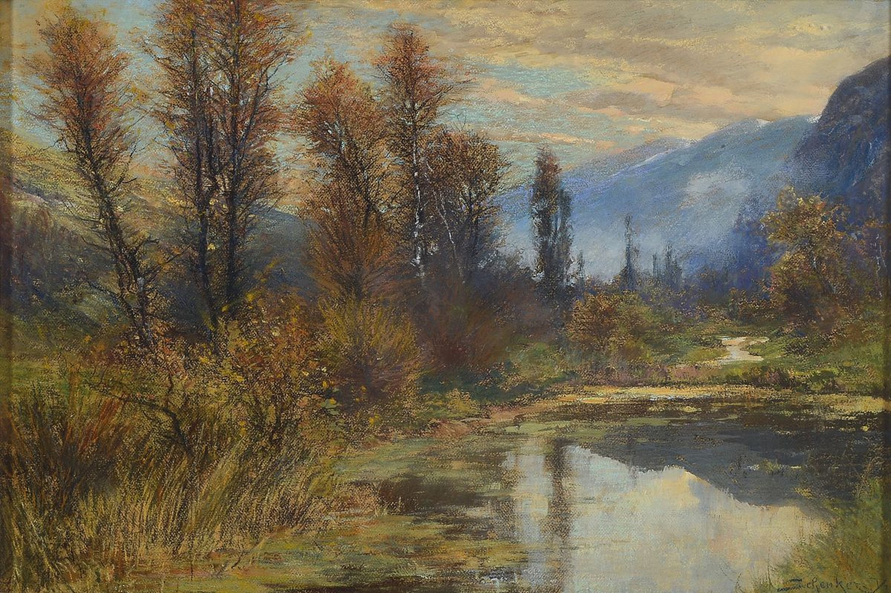 Jacques Matthias Schenker, 1854-1927, Vorfrühling bei Moselkern Untermosel, Gouache und Farbkreide auf Papier, rechts unten sign., ca. 30x43cm, ...