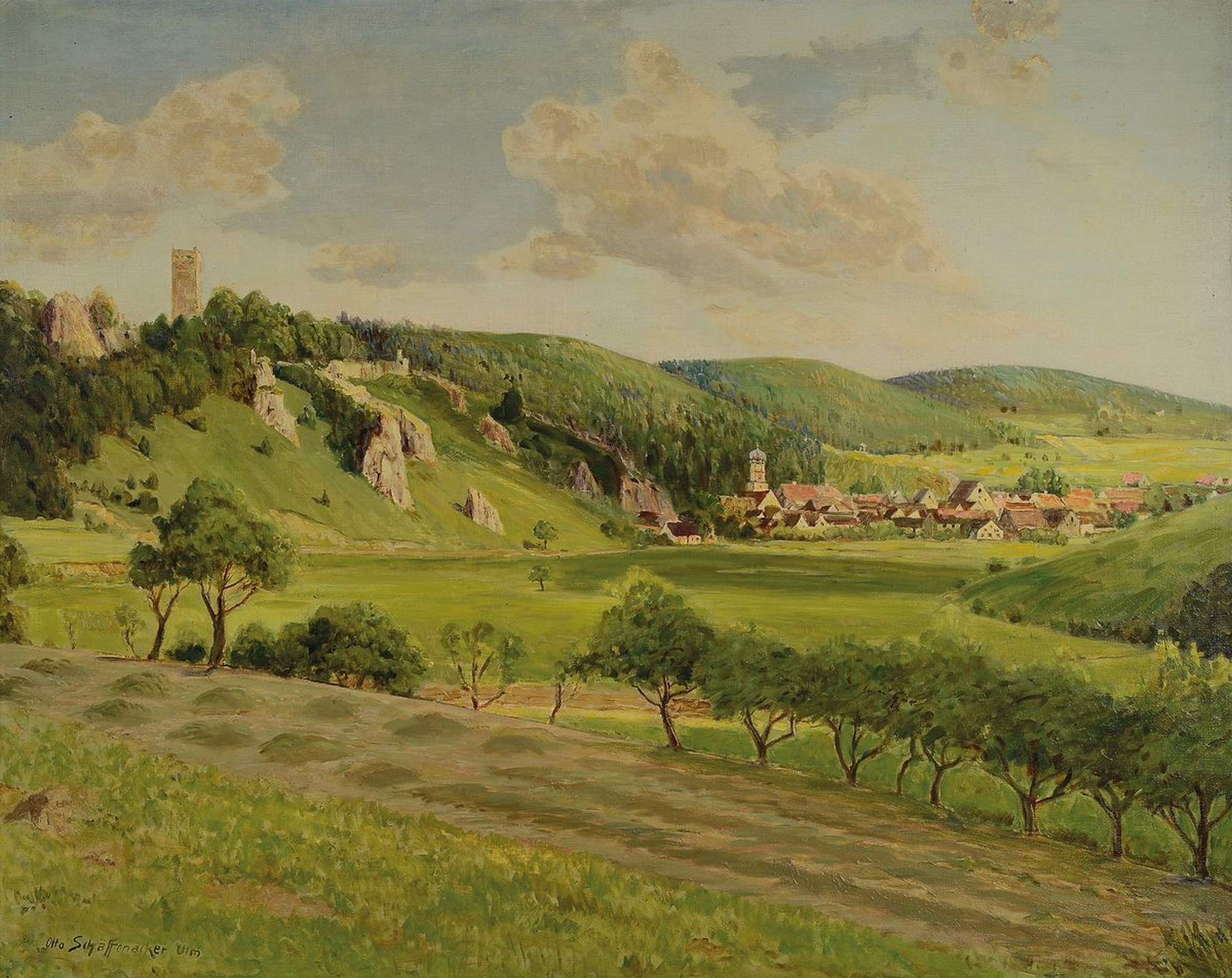 Otto Schäffenacker, 1888 Ulm - 1964, Ansicht wohl Geisslingen an der Steige, links Blick auf die Burgruine Helfenstein, sonnenbeschienene ...
