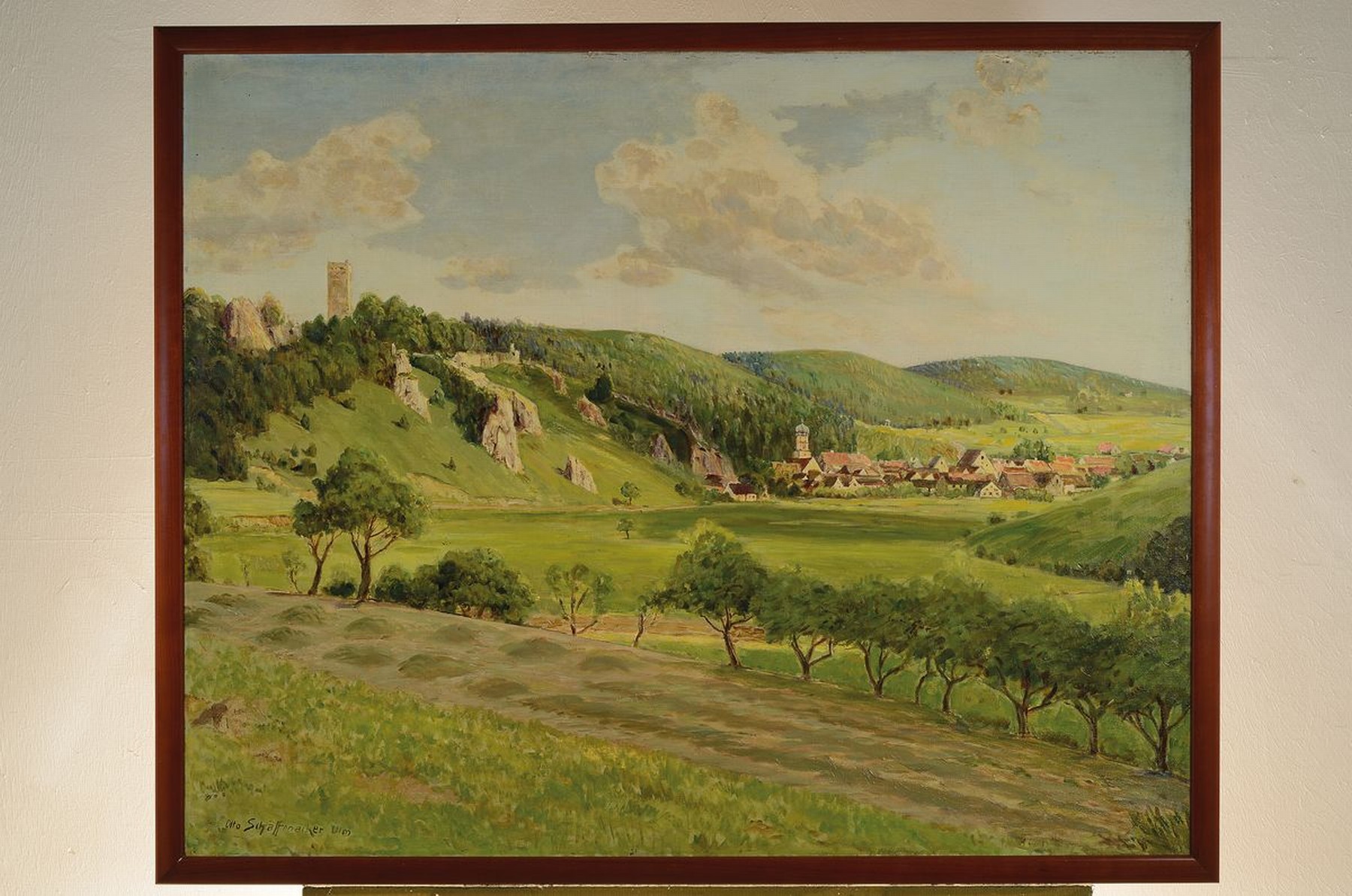 Detail k: Otto Schäffenacker, 1888 Ulm - 1964, Ansicht wohl Geisslingen an der Steige, links Blick auf die Burgruine Helfenstein, sonnenbeschienene ...