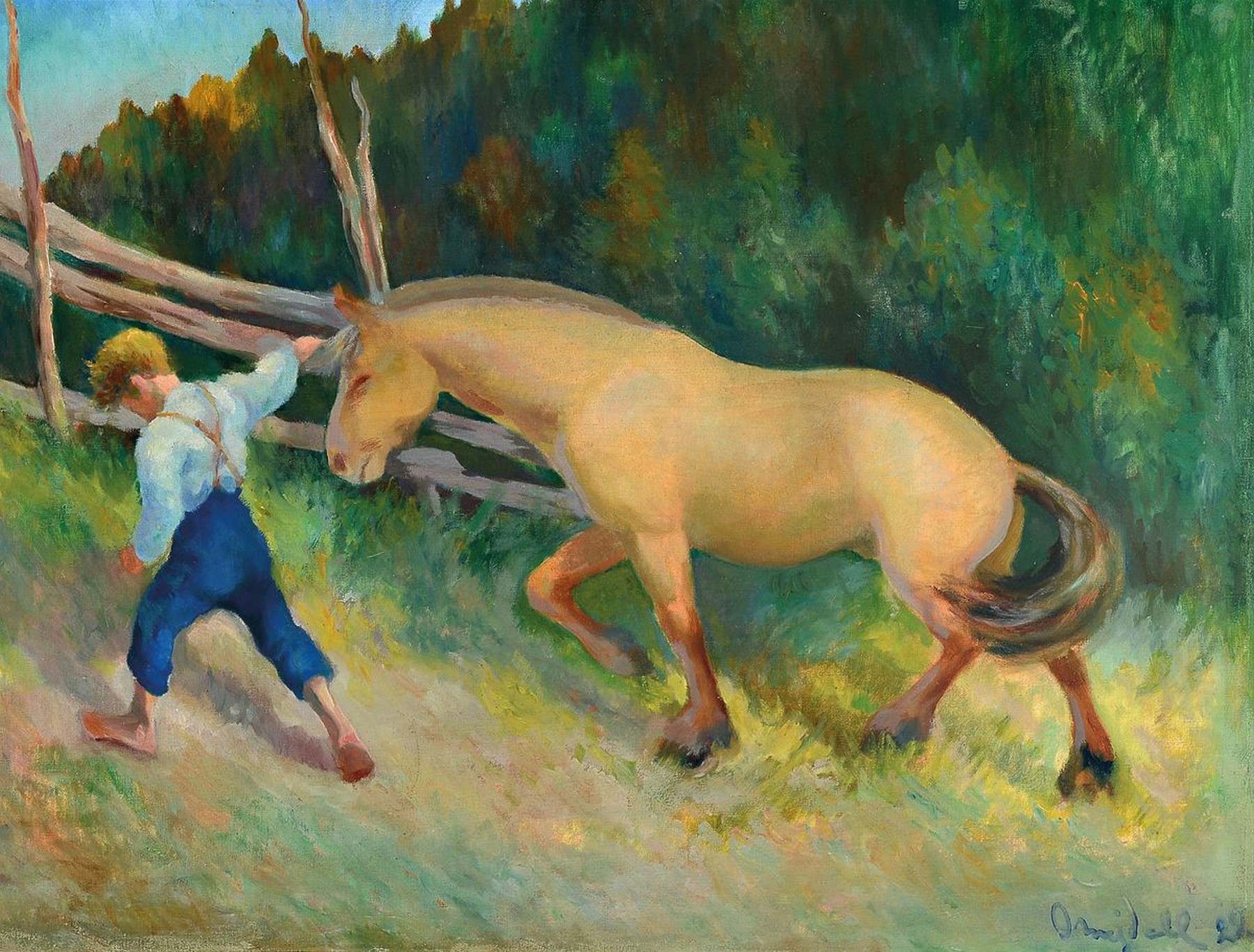 Olaf Mejdell, 1897-1964 Norwegen, Junge zieht ein Pferd an der Mähne hinter sich her, Öl/Lwd, rechts unten signiert und dat. 22, ca. 50x65cm, R. ...