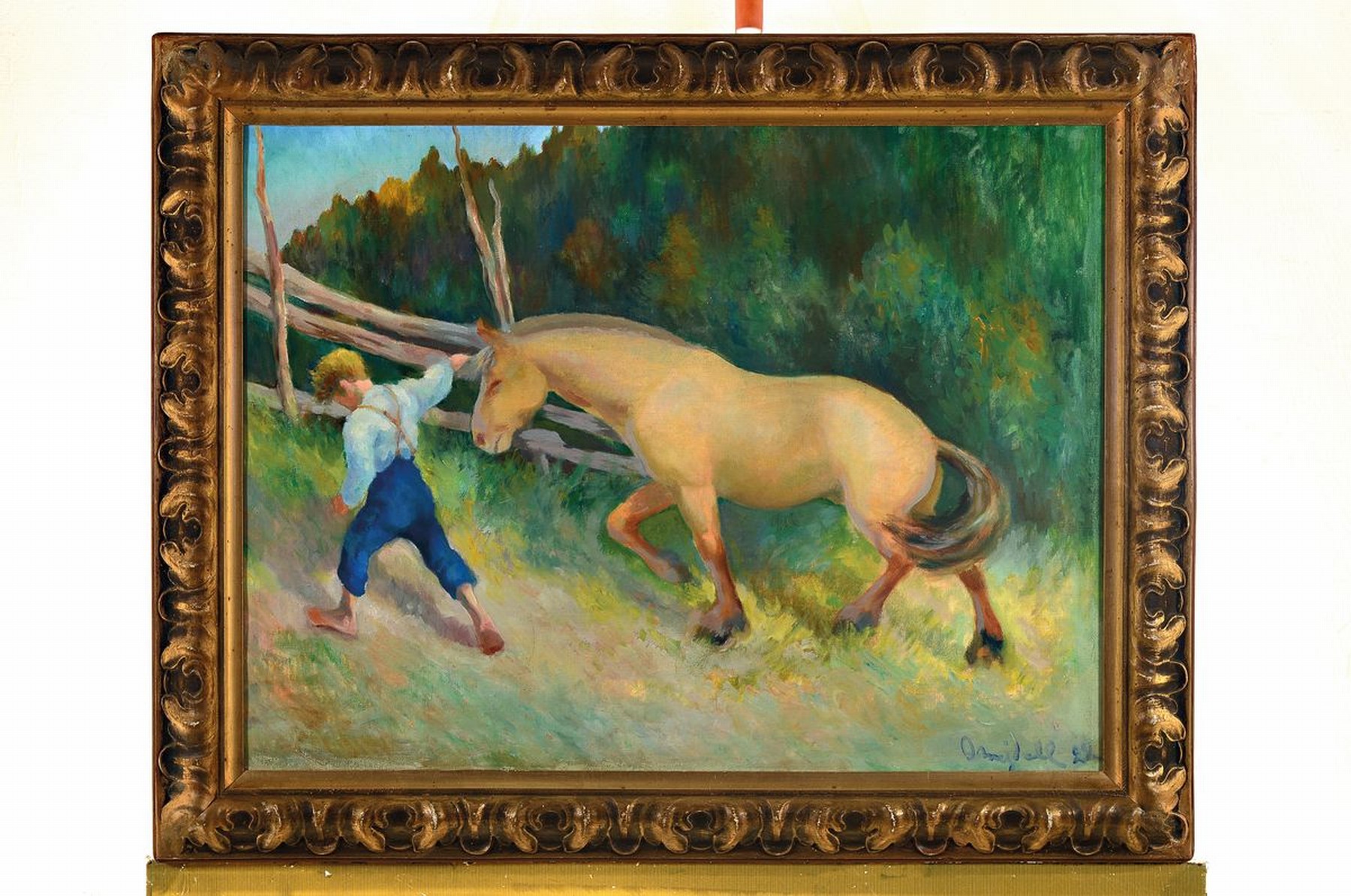 Detail k: Olaf Mejdell, 1897-1964 Norwegen, Junge zieht ein Pferd an der Mähne hinter sich her, Öl/Lwd, rechts unten signiert und dat. 22, ca. 50x65cm, R. ...