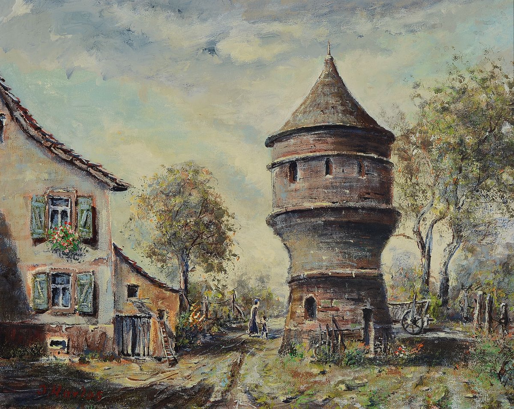 Otto Harlos, 1941 Hermersberg-2014 Saarbrücken, 2 Arbeiten in Öl/Lwd, 1) Wehrturm, links unten sign., ca. 40x50cm, R. ca. 48x58cm; Vor der Stadt, ...