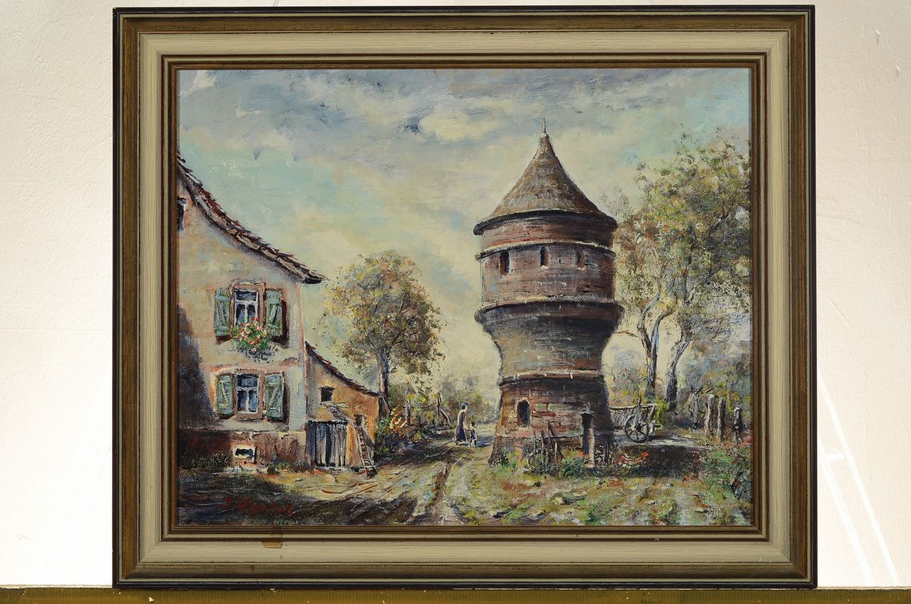 Detail k: Otto Harlos, 1941 Hermersberg-2014 Saarbrücken, 2 Arbeiten in Öl/Lwd, 1) Wehrturm, links unten sign., ca. 40x50cm, R. ca. 48x58cm; Vor der Stadt, ...