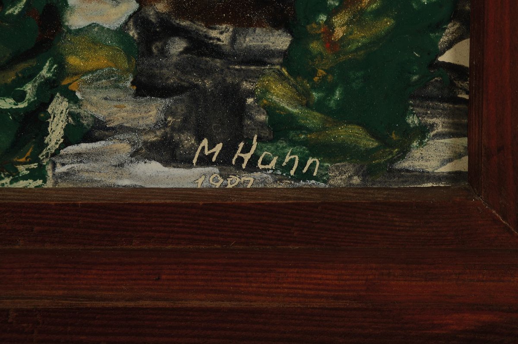 Detail c: Emailmalerei Eisenhüttenwerk Thale, Löwenemail, Manfred Hahn, geb. 1933 Claußnitz, Landschaft, Email auf Kupfer, sign. und dat. 87, ca. 52x38cm, ...