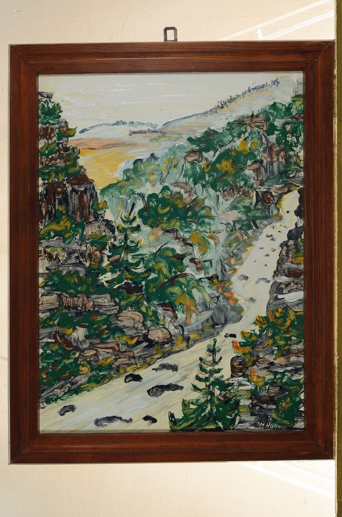 Detail k: Emailmalerei Eisenhüttenwerk Thale, Löwenemail, Manfred Hahn, geb. 1933 Claußnitz, Landschaft, Email auf Kupfer, sign. und dat. 87, ca. 52x38cm, ...