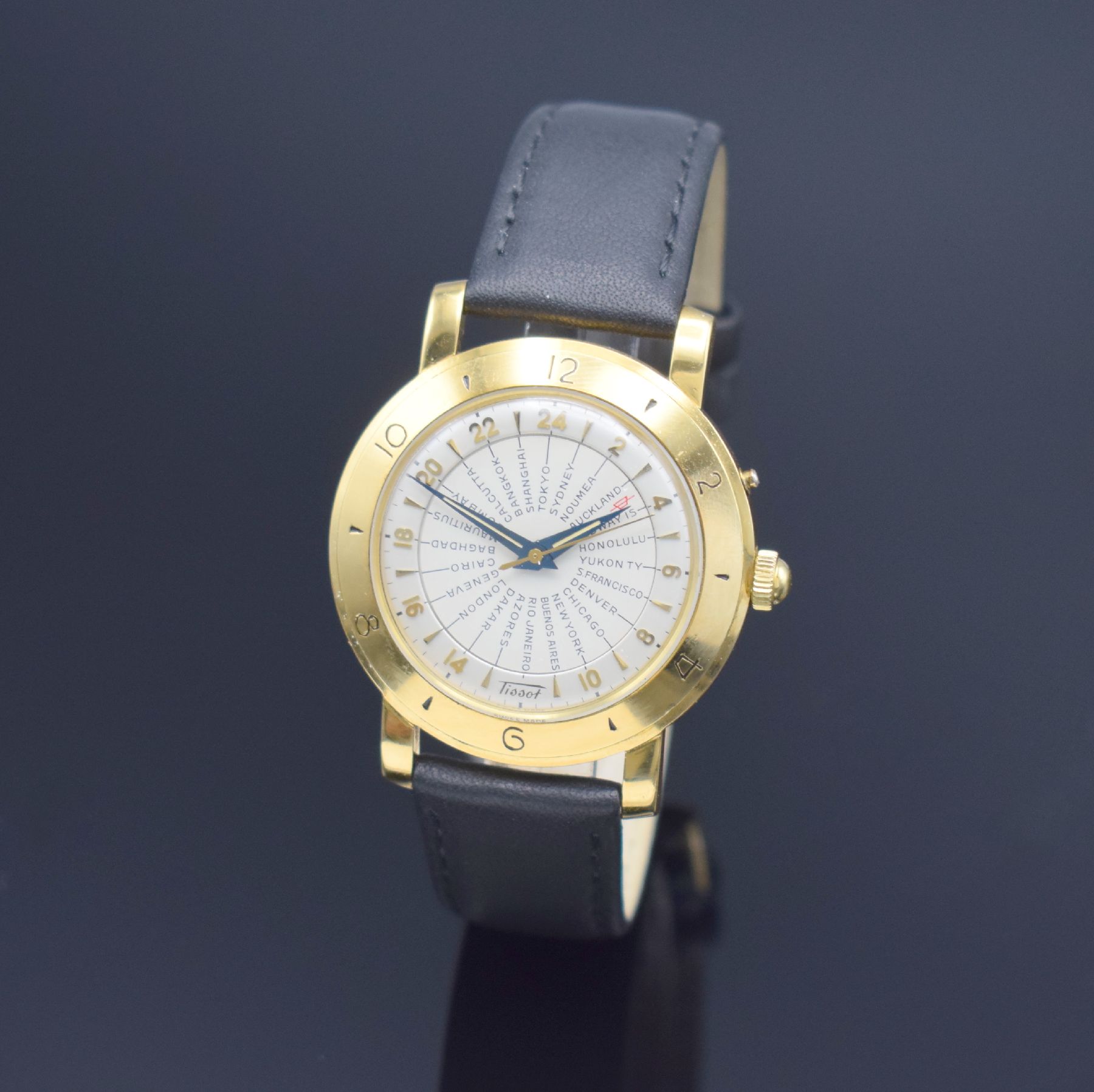 TISSOT Navigator seltene, auf 100 Stück limitierte Herrenarmbanduhr in GG 750/000 mit Weltzeitanzeige Referenz OR 4001, Schweiz nach Vorbild und mit ...
