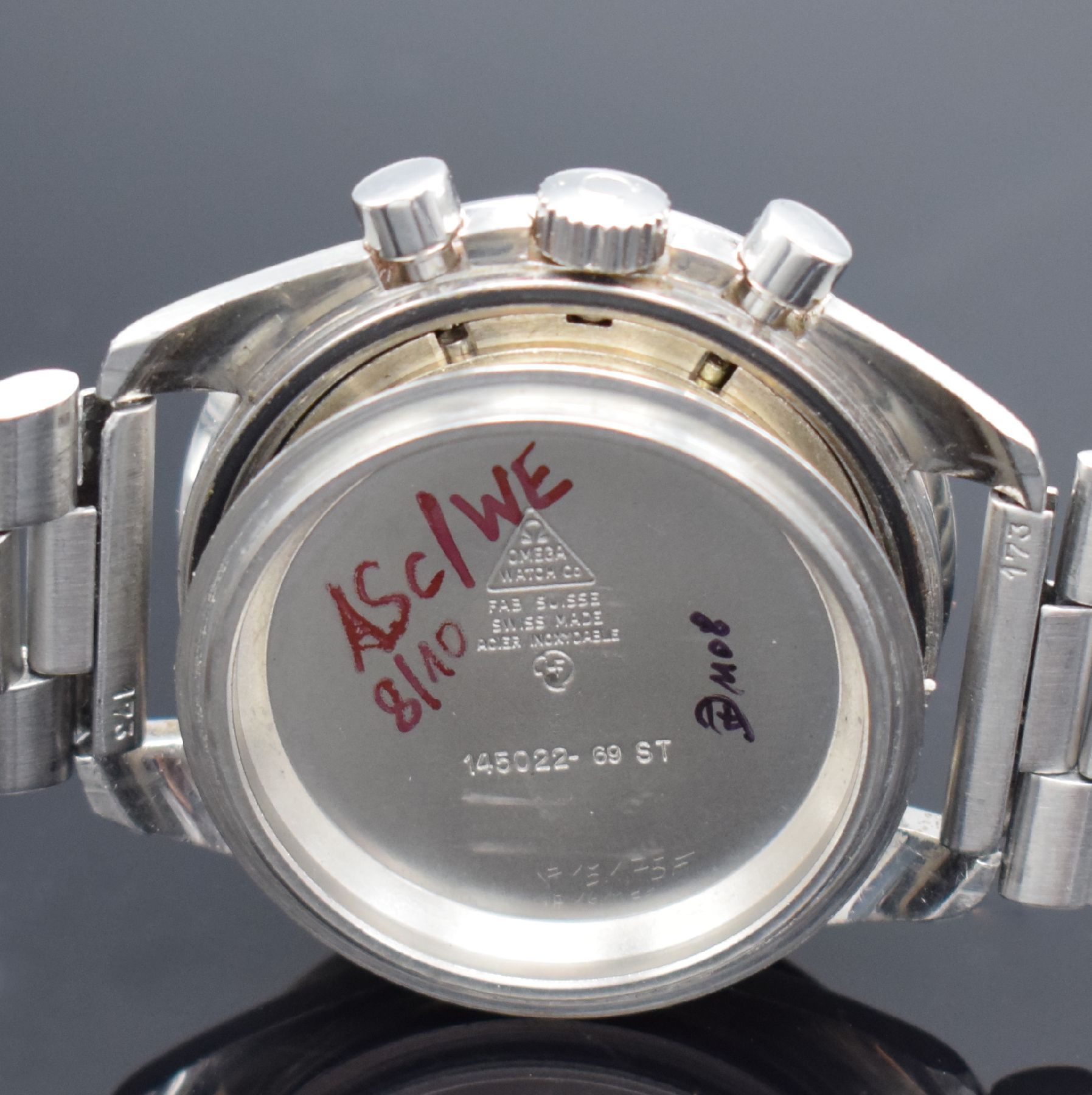 Detail h: OMEGA Speedmaster Professional Referenz 145022-69ST Herrenarmbanduhr mit Chronograph und sog. "Dot over 90" Lünette, Schweiz um 1969, ...