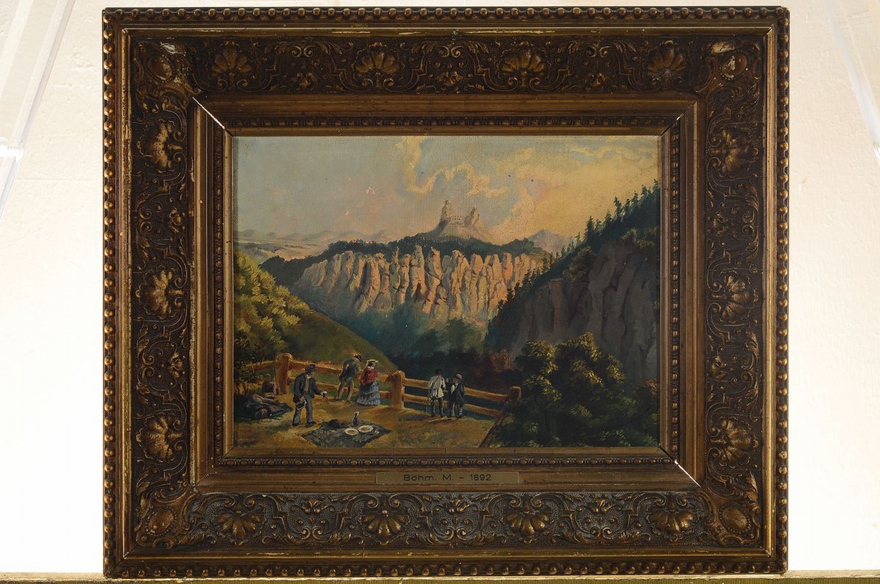 Detail k: Unbekannter Künstler, datiert (18)92, Personen blicken ins Elbsandsteingebirge, Öl/Lwd, unsigniert, rückseitig dat. 24.I.92, ca. 20x26cm, R. ca. ...