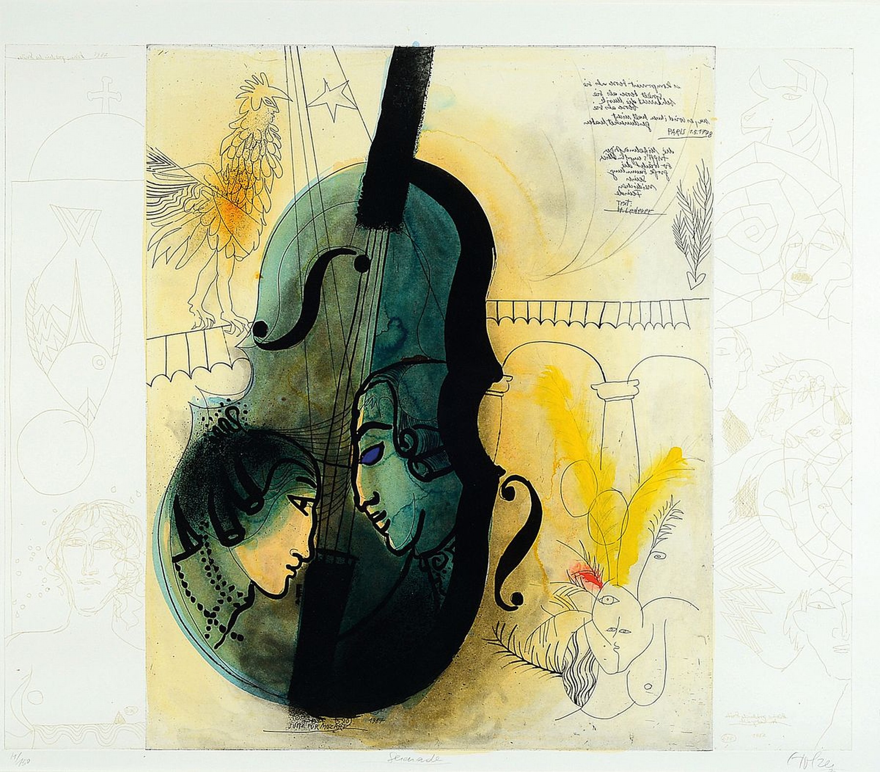 Adi Holzer, geb. 1936 Stockerau bei Wien, Studium an der Akademie Wien, hier: "Serenade"abstrakt-figurale Komposition mit Textfragmenten ...