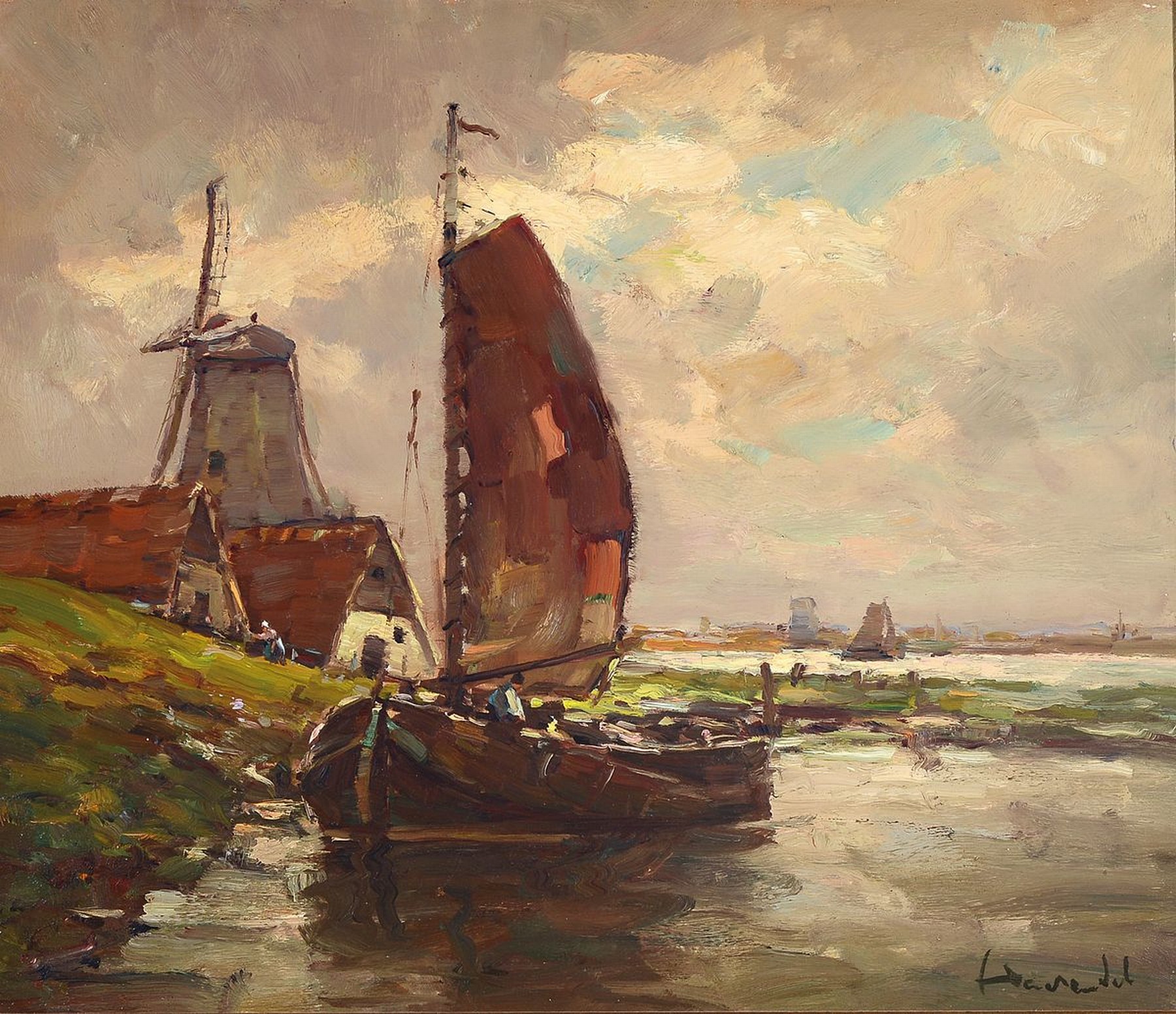 Harry Haerendel, Hamburger Maler, 1896-1991, Fischerboote vor Mühle, Öl/Lwd, signiert, ca. 60 x 70 cm, Rahmen