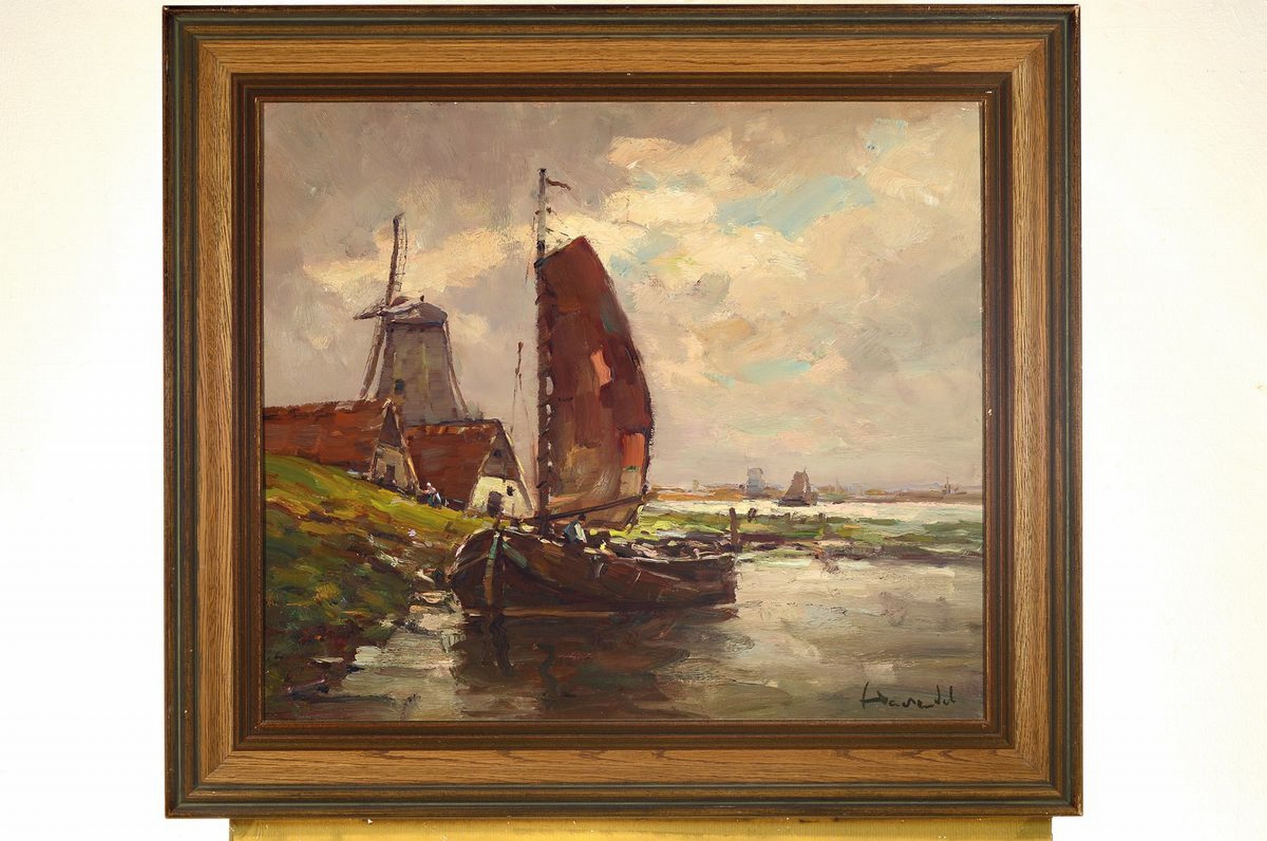 Detail k: Harry Haerendel, Hamburger Maler, 1896-1991, Fischerboote vor Mühle, Öl/Lwd, signiert, ca. 60 x 70 cm, Rahmen