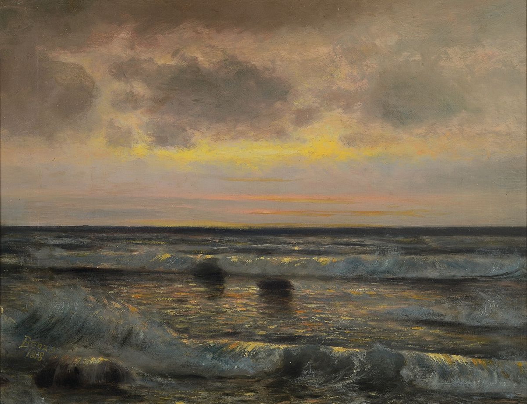 Benzo, Künstler, Anfang 20. Jh.,, Sonnenuntergang am Ufer, Öl/Lwd, li.u. signiert Benzo 1918, leichte Altersspuren, 45 x 58 cm, rest., Rahmen, 53 x ...