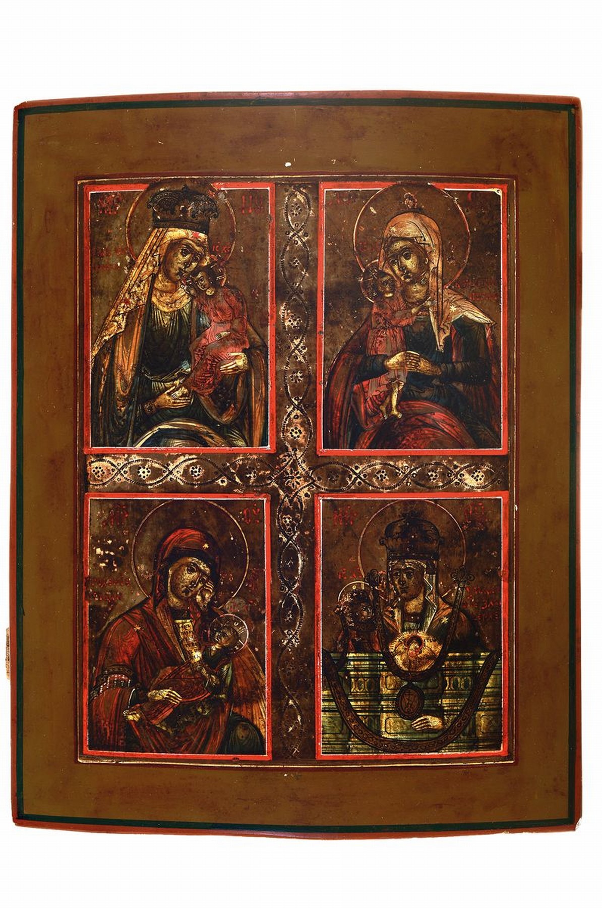 Ikone, Russland, 2. Hälfte 19. Jh., Vierfelderikone m. Mutter Gottes Darstellungen: Versprechen der Leidenden, Trost der Gefallenen, Lindere meinen ...
