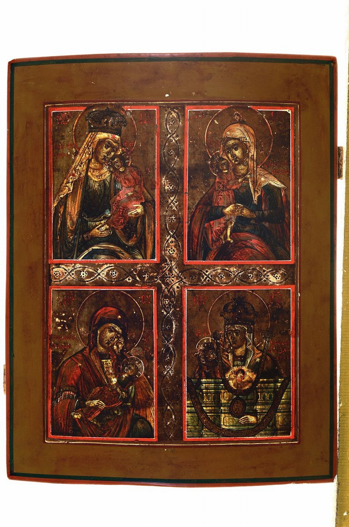 Detail k: Ikone, Russland, 2. Hälfte 19. Jh., Vierfelderikone m. Mutter Gottes Darstellungen: Versprechen der Leidenden, Trost der Gefallenen, Lindere meinen ...